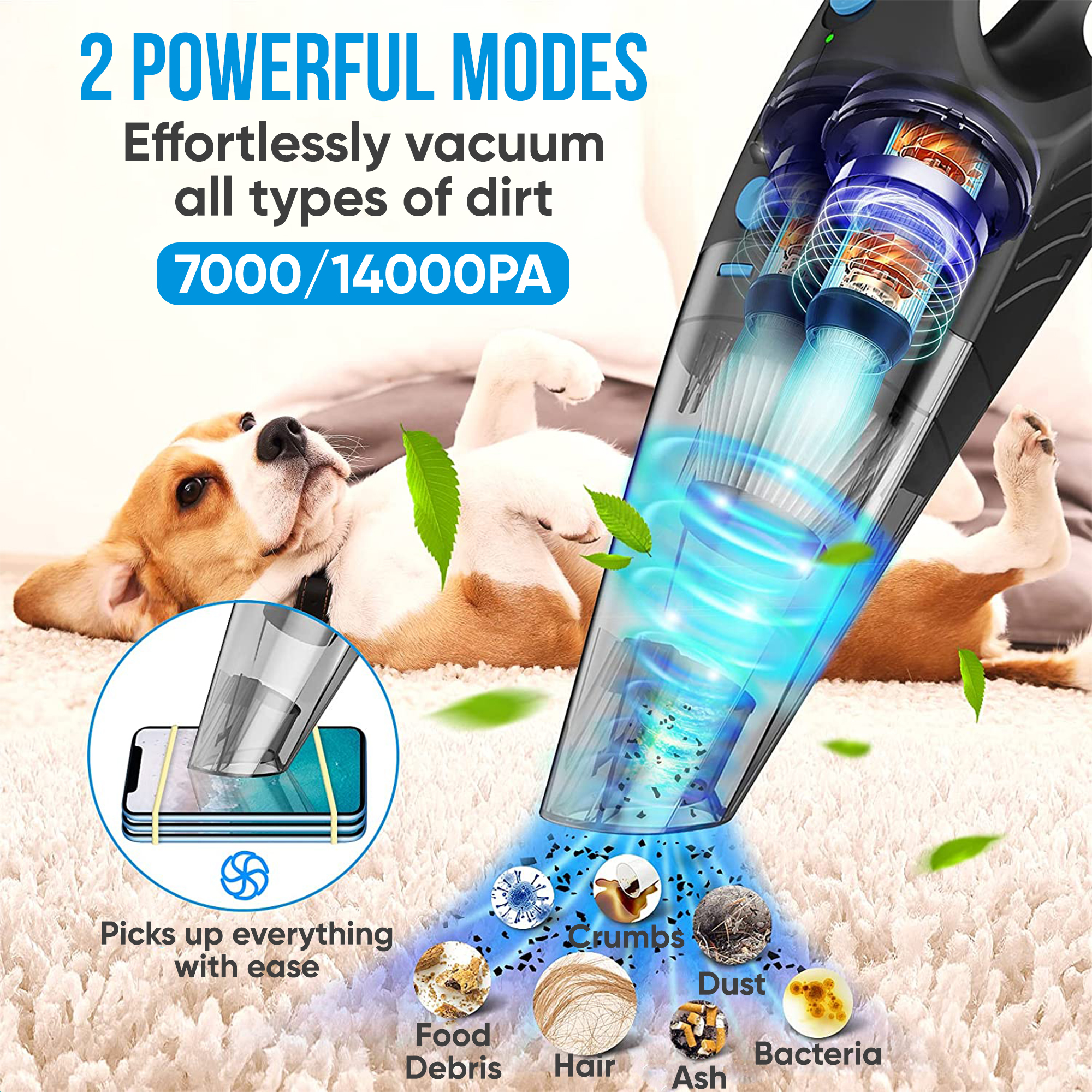 Un aspirateur à main aspire miettes, poussière, poils, cendres et bactéries sur tapis.