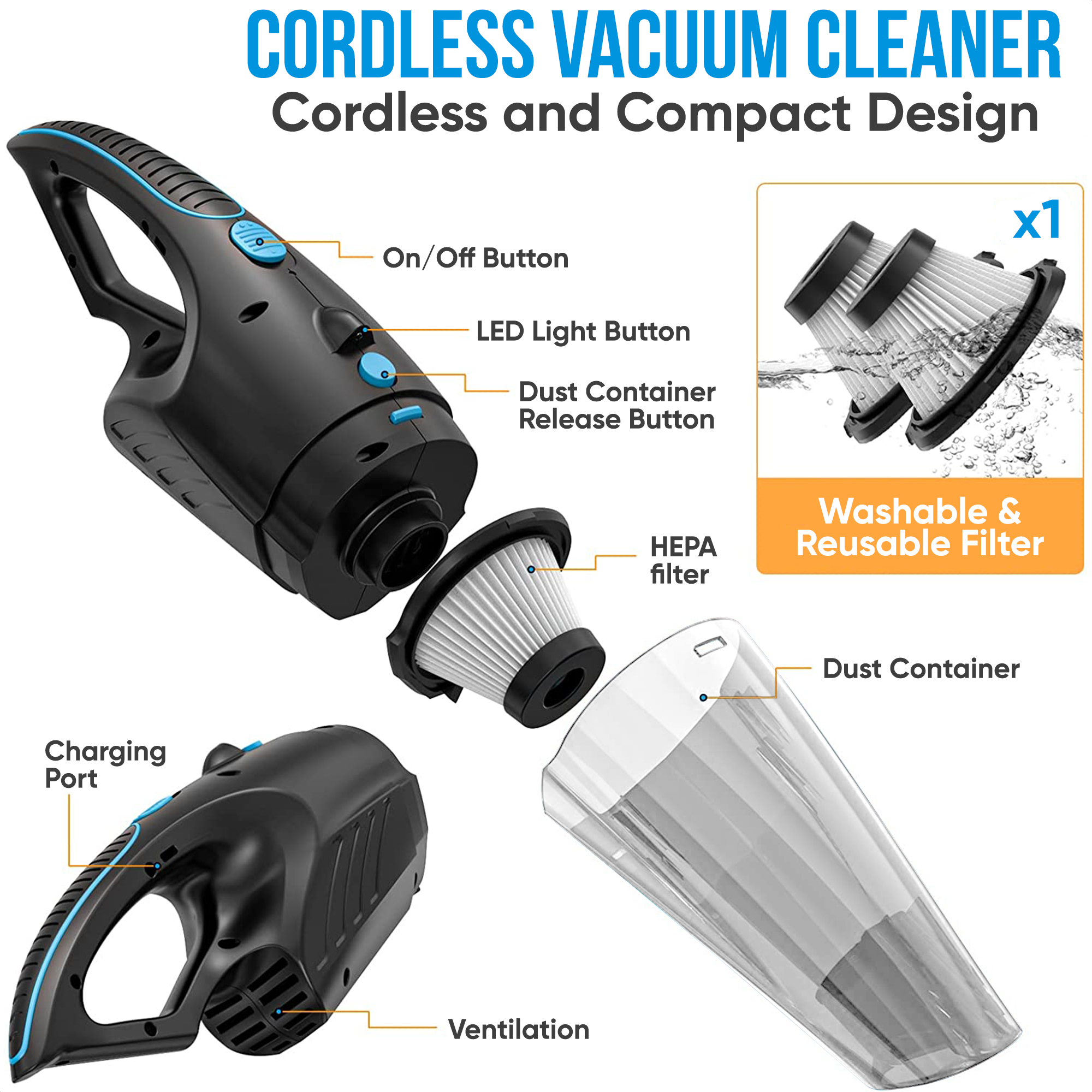 Un aspirateur sans fil avec filtre HEPA et bac à poussière.