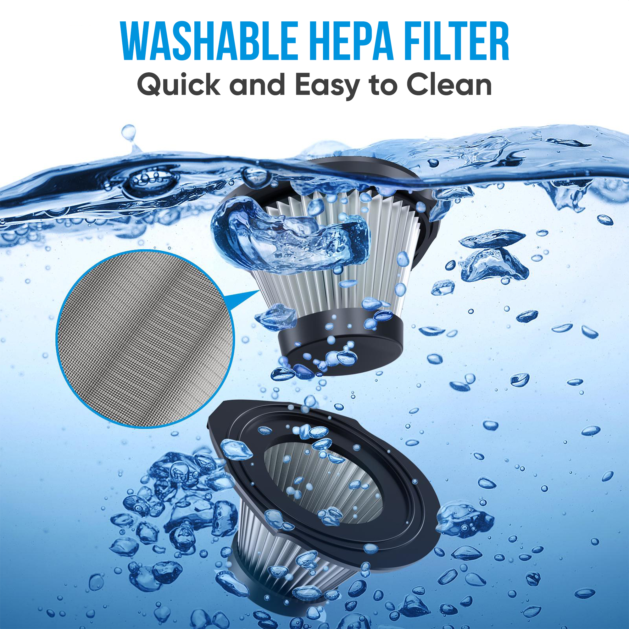 Filtre HEPA lavable avec de l'eau et des bulles. Gros plan sur la maille.