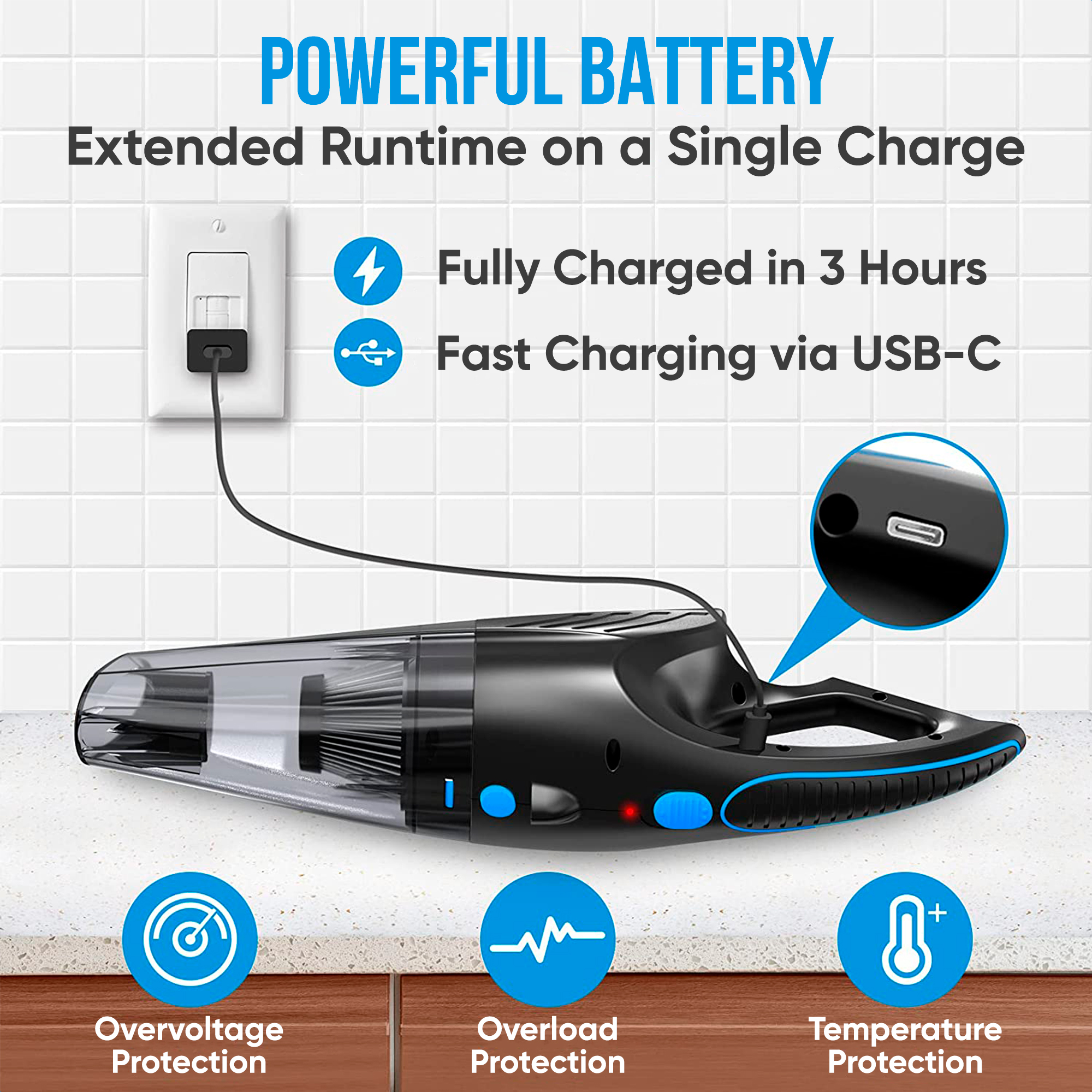 Aspirateur noir portatif avec charge USB-C et fonctions de protection.