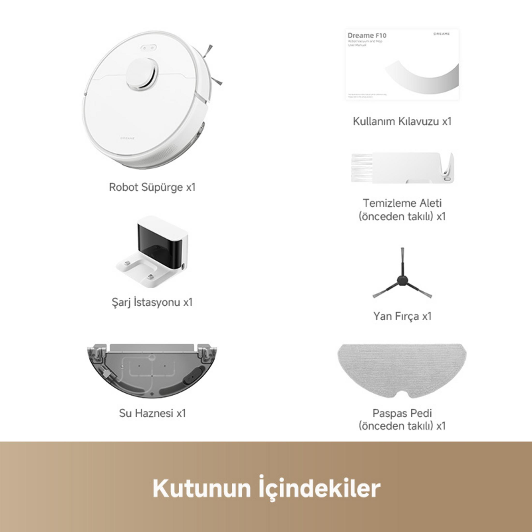 Paket içeriği: Robot süpürge, şarj istasyonu, su haznesi, kılavuz, temizleme aleti, yan fırça, paspas.