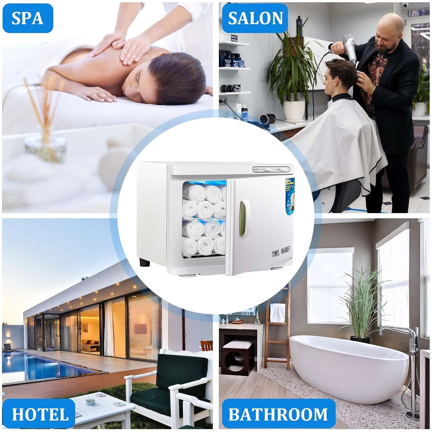 Collage: Spa, Salon, Hotel und Badezimmer mit Handtuchwärmer.