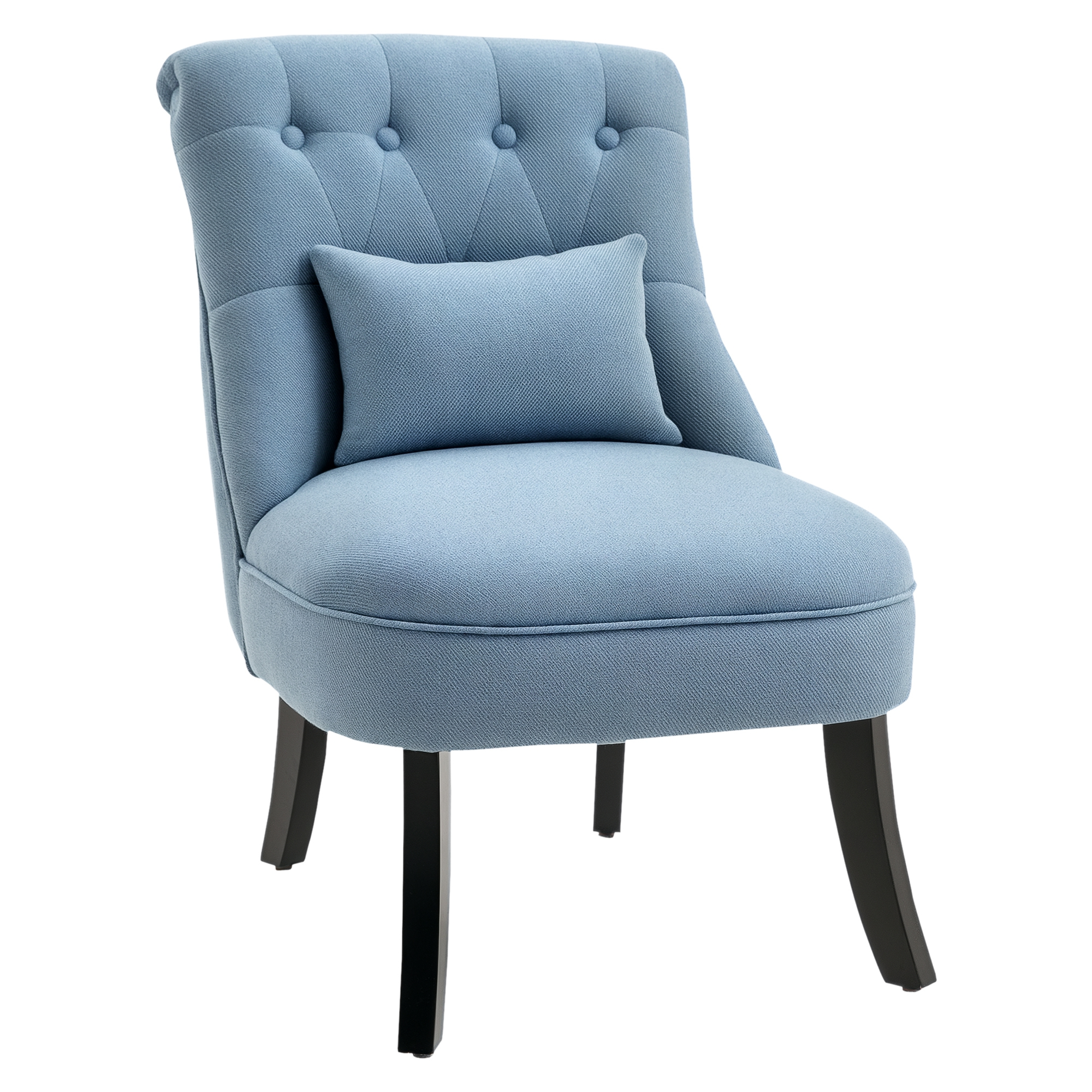 Una poltrona blu con capitonné e cuscino su gambe nere.