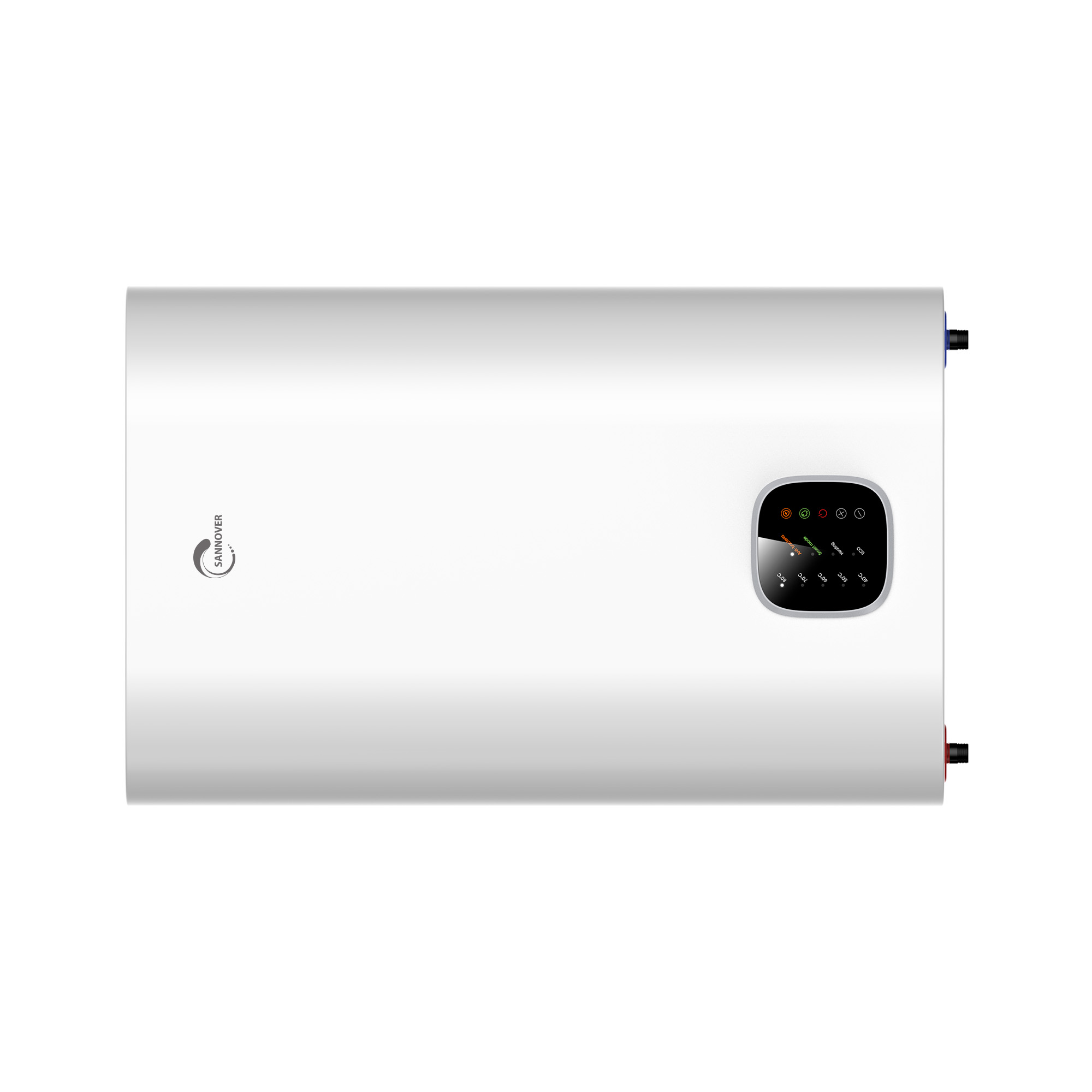 Ein weißer Warmwasserbereiter mit blauem und rotem Anschluss und einem digitalen Display.