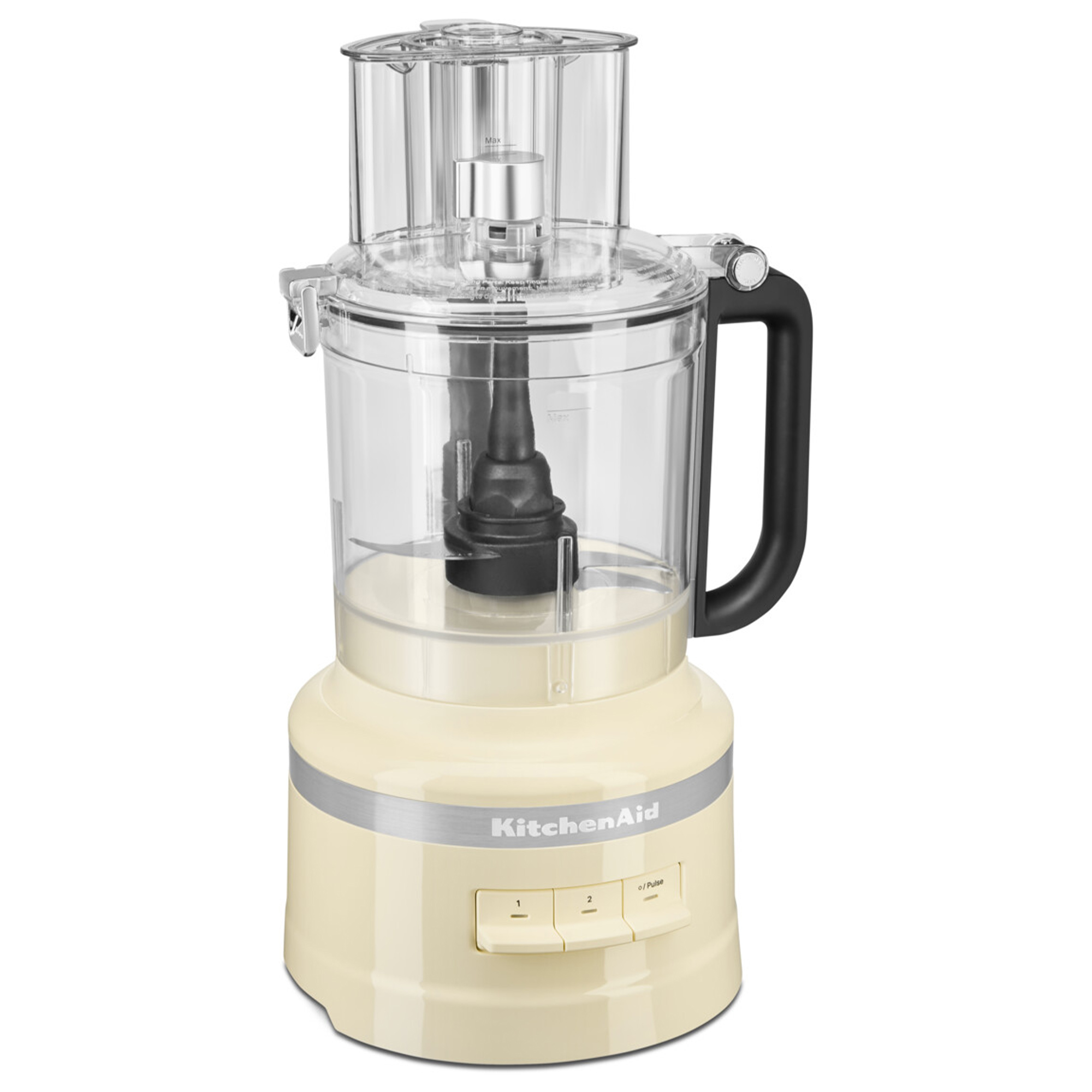 Ein cremefarbener Küchenmaschinen-Standmixer mit transparentem Behälter und schwarzem Griff.