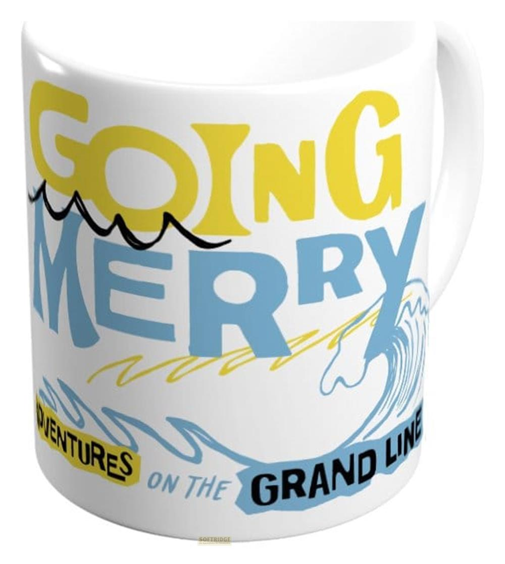 Taza blanca con texto amarillo y azul "GOING MERRY ADVENTURES ON THE GRAND LINE"