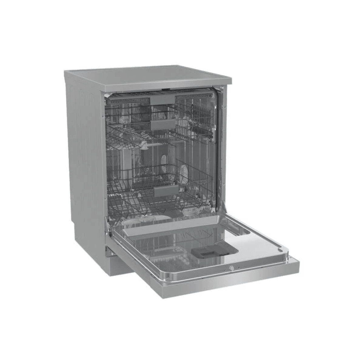Srebrna zmywarka z otwartymi drzwiami, widoczne wewnętrzne kosze.