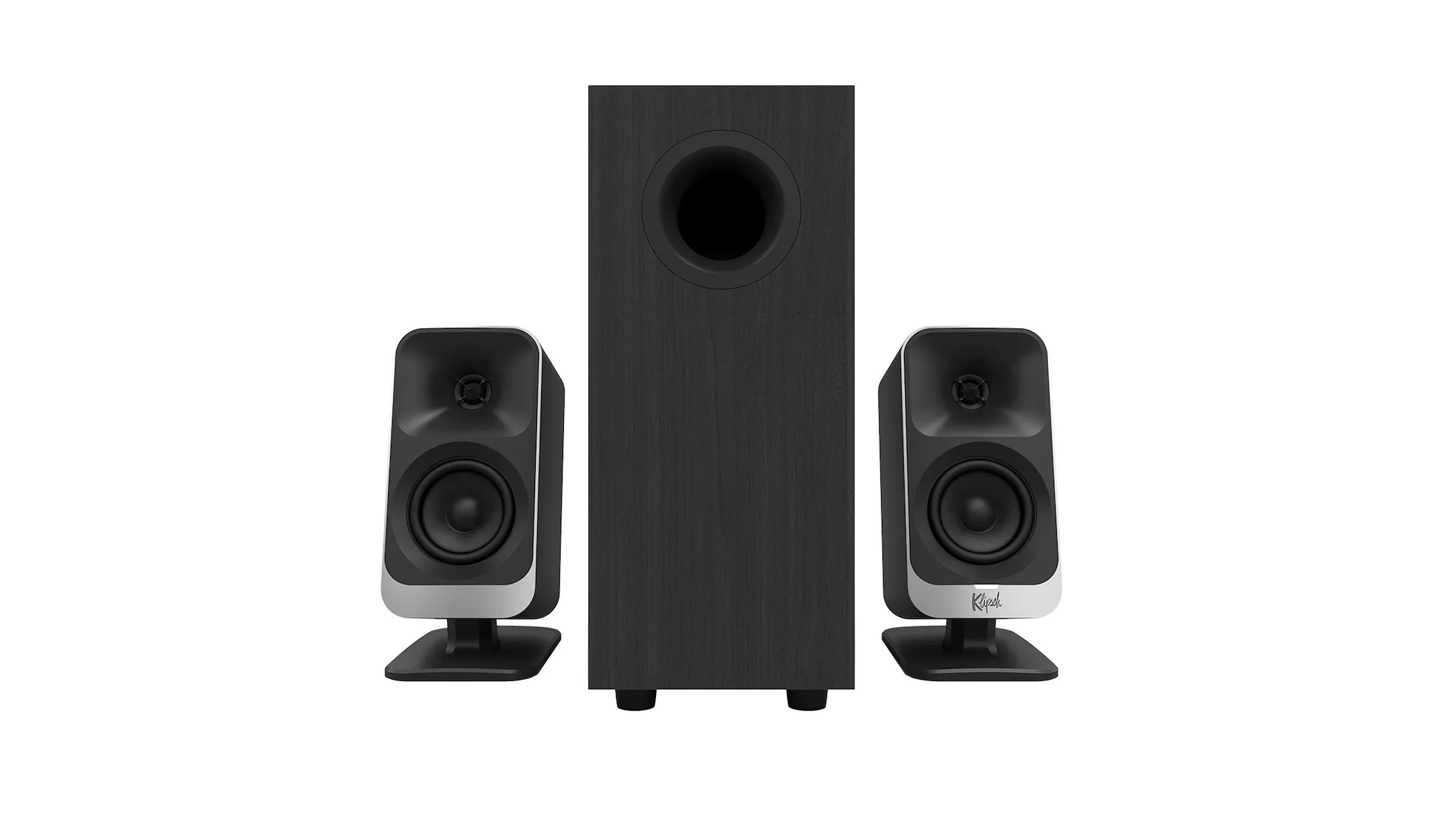 Ein schwarzer Subwoofer mit zwei schwarzen Satellitenlautsprechern.