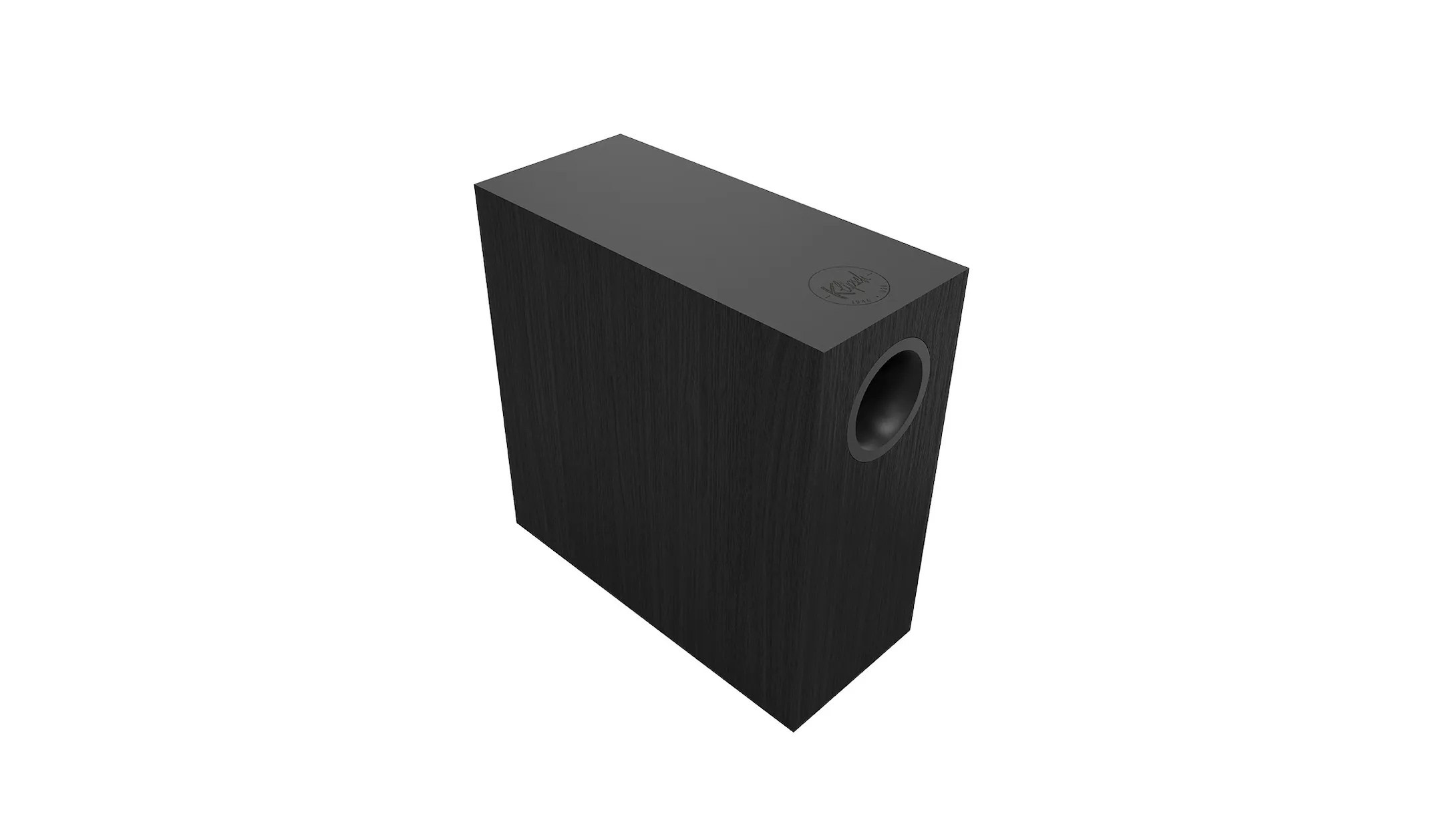 Schwarzer, rechteckiger Subwoofer mit einem runden Ausschnitt an der Seite.