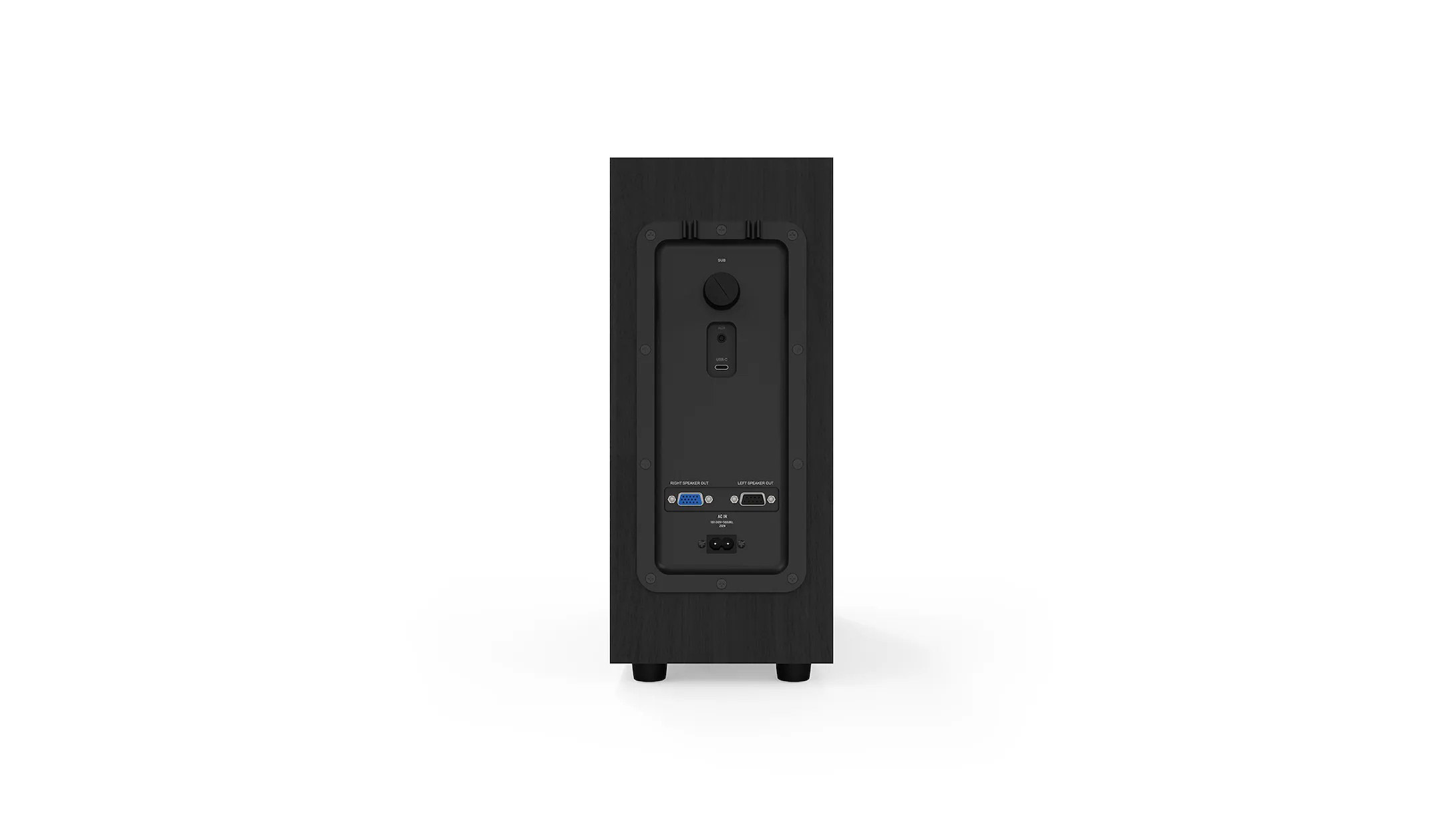 Rückseite eines schwarzen Lautsprechers mit Anschlüssen: SUB, AUX, USB-C, rechts/links Lautsprecherausgang, AC-in.