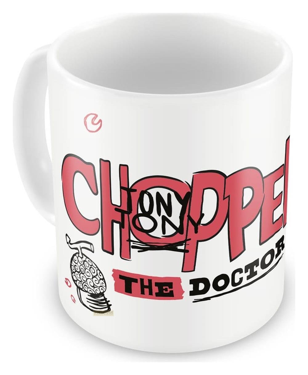 Weiße Tasse mit rotem Text 'CHOPPER' und Bild einer Frucht.