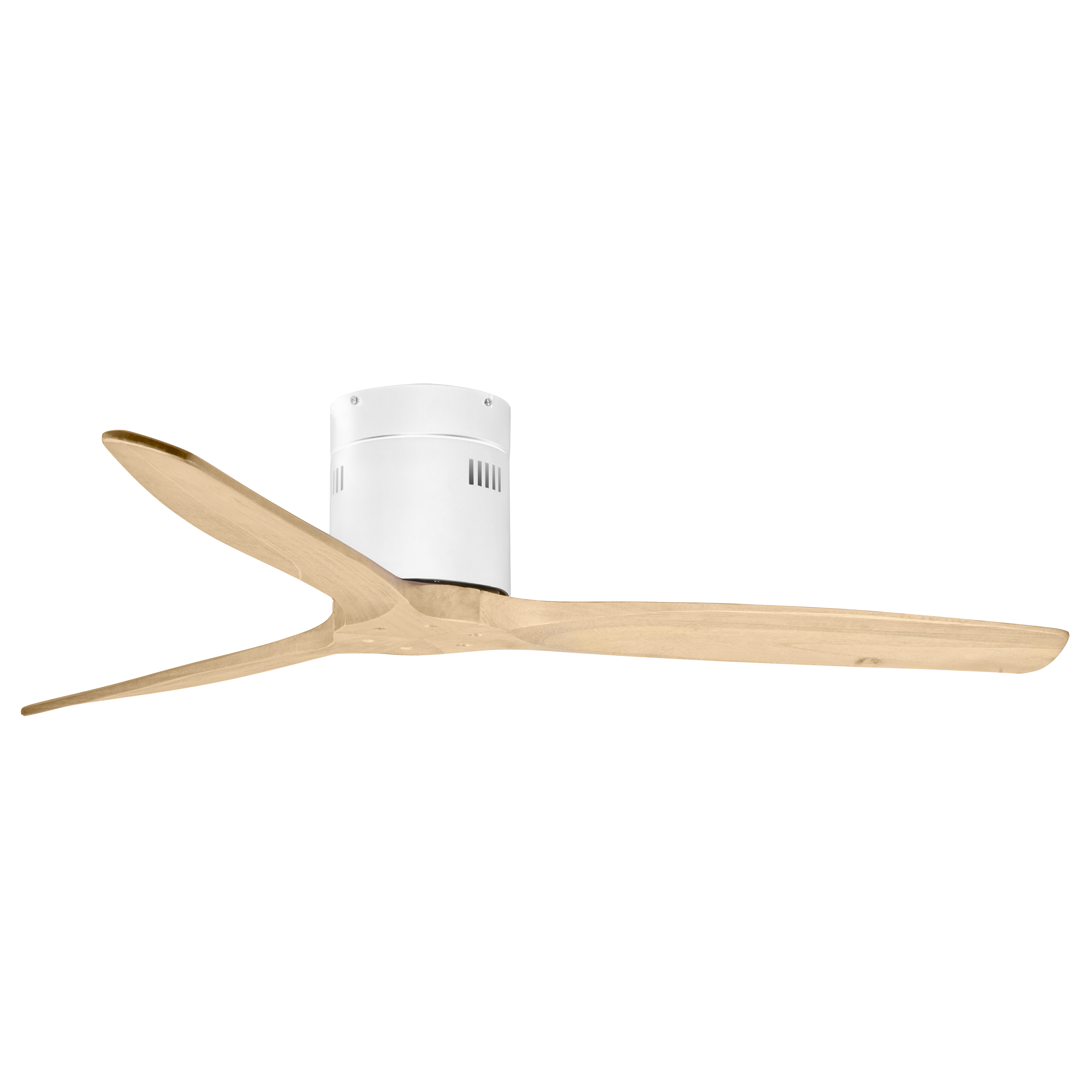 Un ventilatore da soffitto moderno con tre pale in legno e corpo bianco.