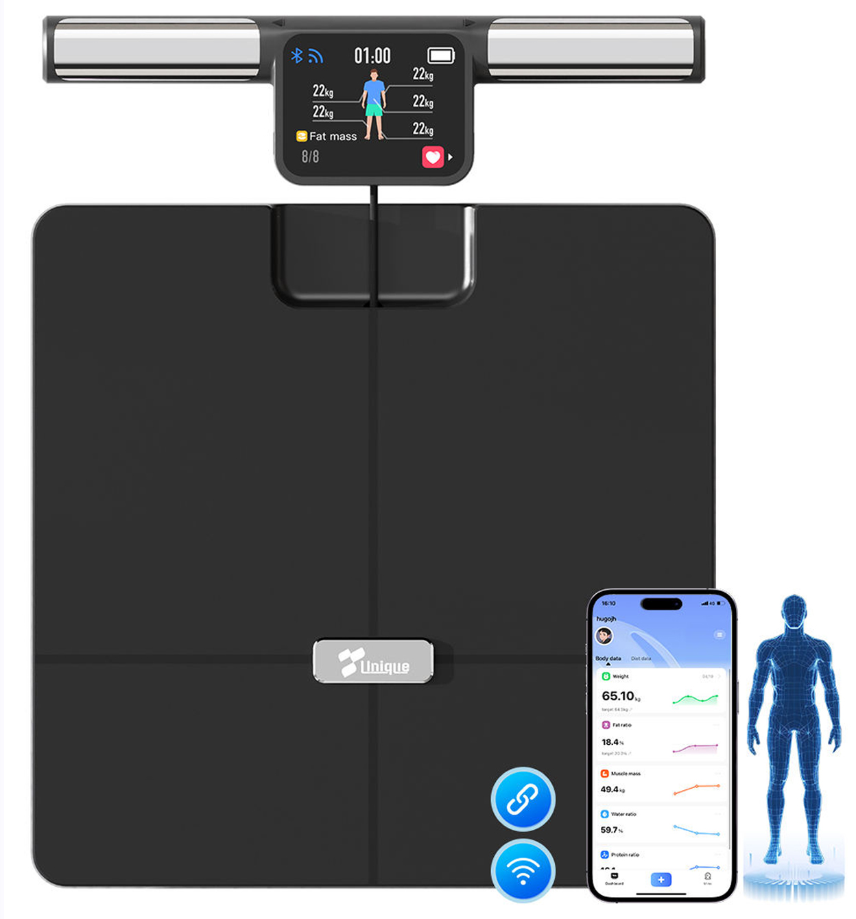 Schwarze Personenwaage mit Display, Smartphone und Körper-Silhouette.
