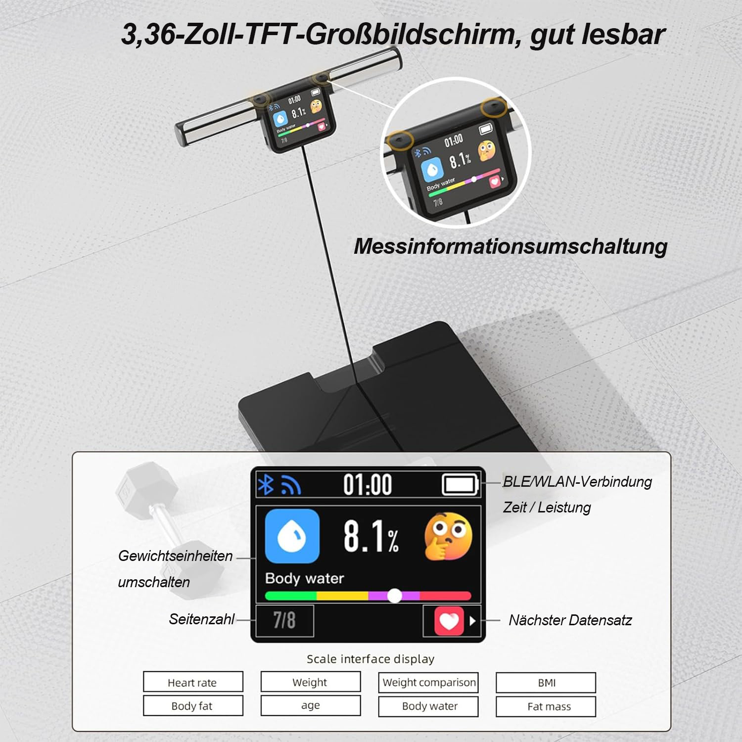 Ein großer 3,36-Zoll-TFT-Bildschirm mit einer Waage und Trainingsdaten.