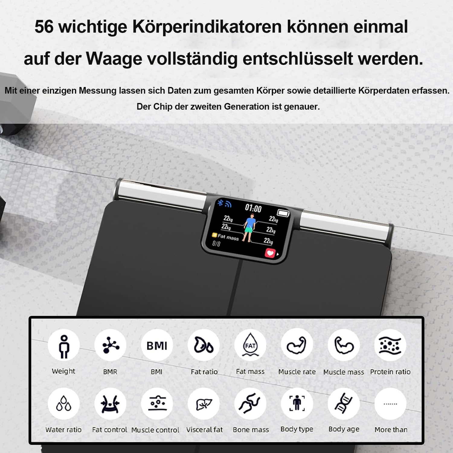 Eine digitale Personenwaage mit einem Bildschirm, der Körperdaten anzeigt, und Symbolen für verschiedene Messungen.