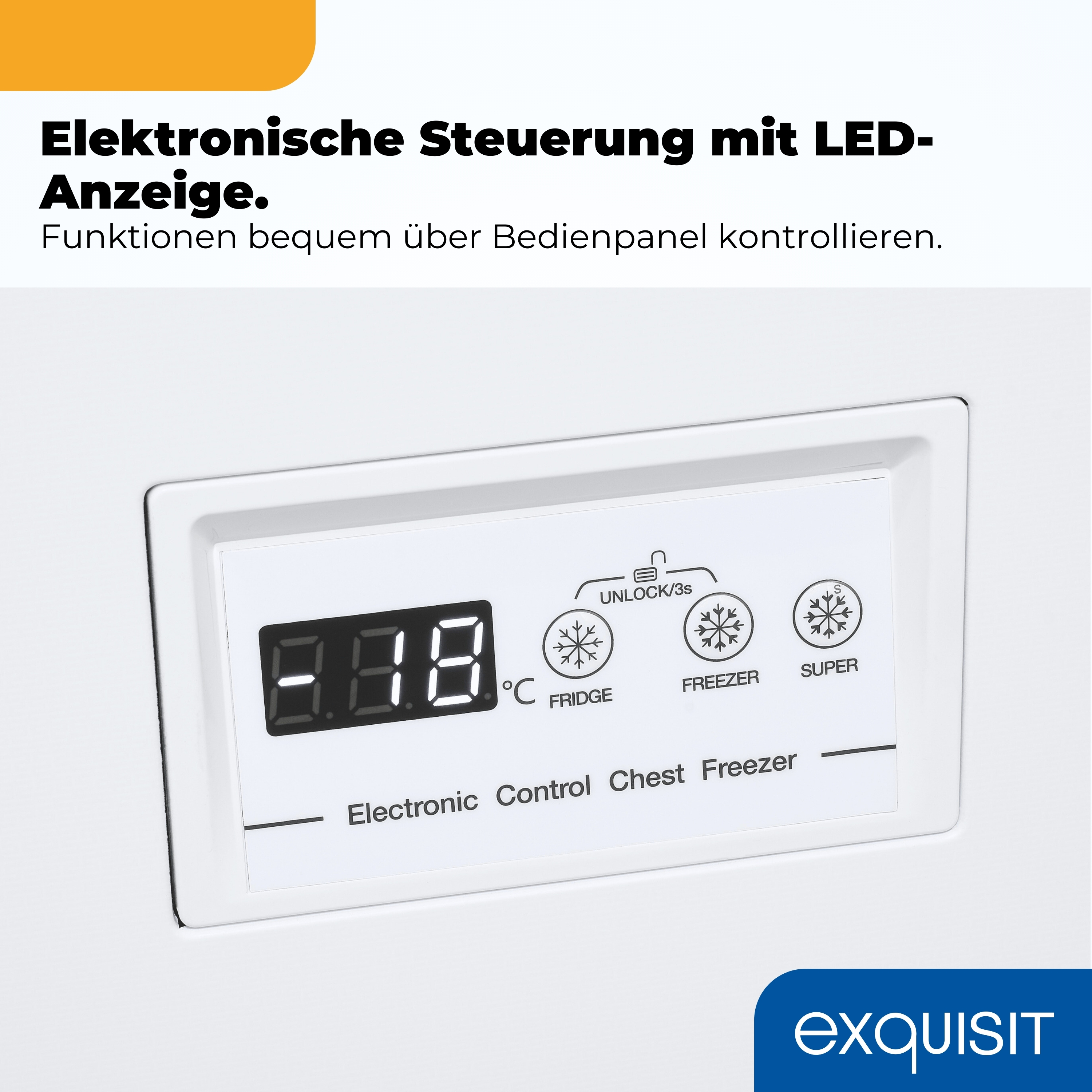 Bedienfeld mit LED-Anzeige, zeigt Temperatur und Funktionen wie Kühlen, Gefrieren an.