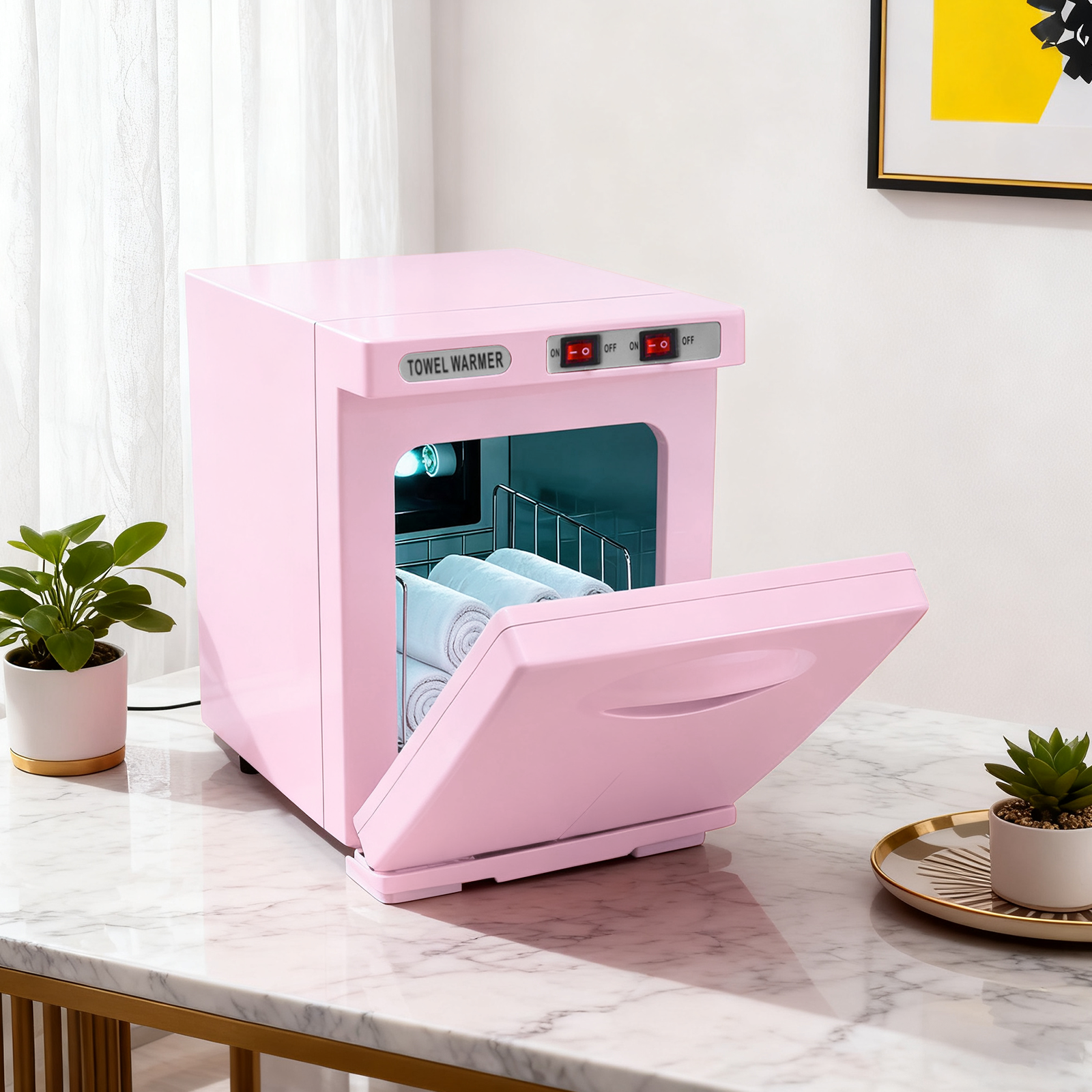 Ein rosa Handtuchwärmer mit geöffneter Tür, gefüllt mit aufgerollten Handtüchern.