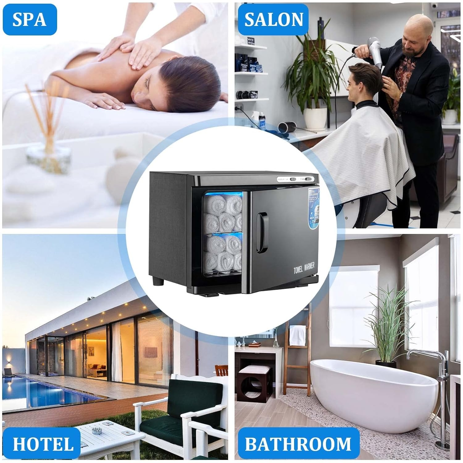 Collage zeigt Spa, Salon, Hotel und Badezimmer mit Handtuchwärmer in der Mitte.