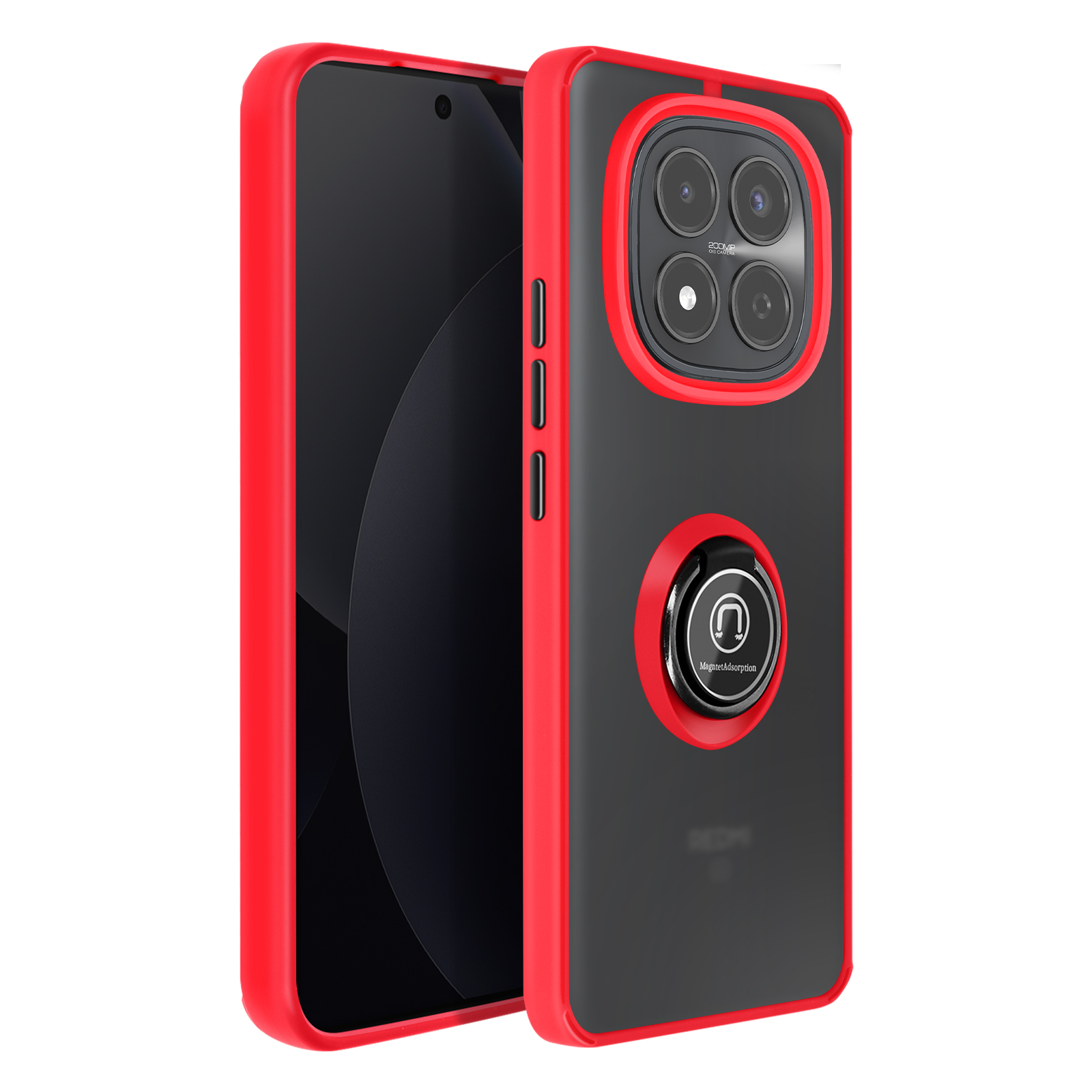 Cover rossa per telefono con retro nero e quattro fotocamere.
