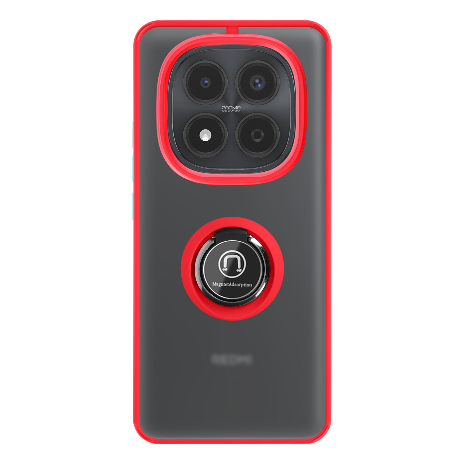 Custodia grigia per telefono con bordo rosso, quattro fotocamere e anello.