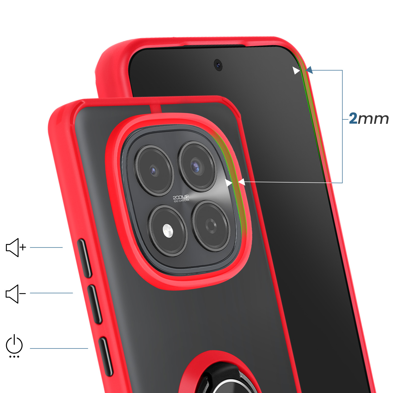 Custodia rossa per telefono con inserto nero, 4 fotocamere, bordo 2mm.