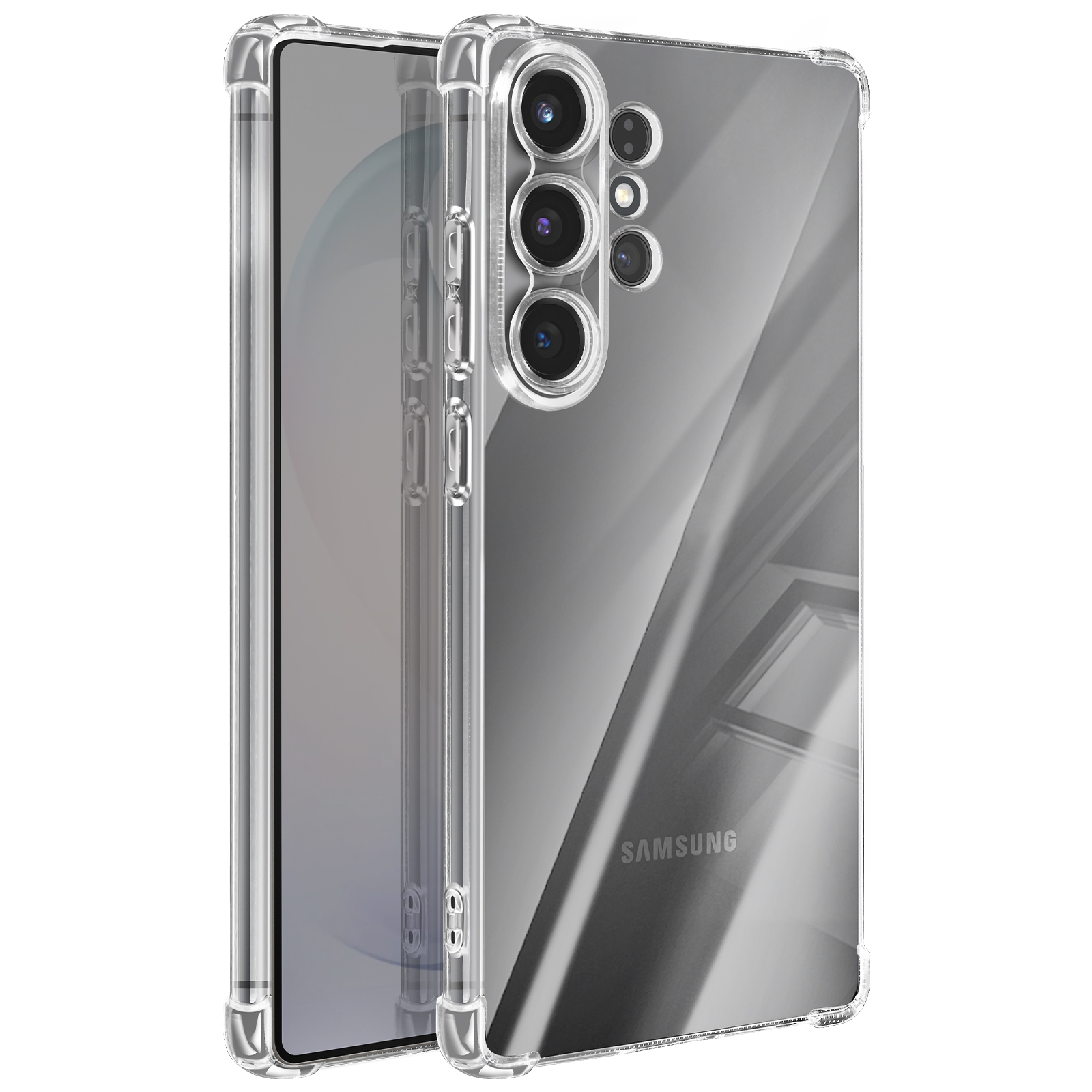 Custodia protettiva trasparente per smartphone con sistema di fotocamere posteriori.