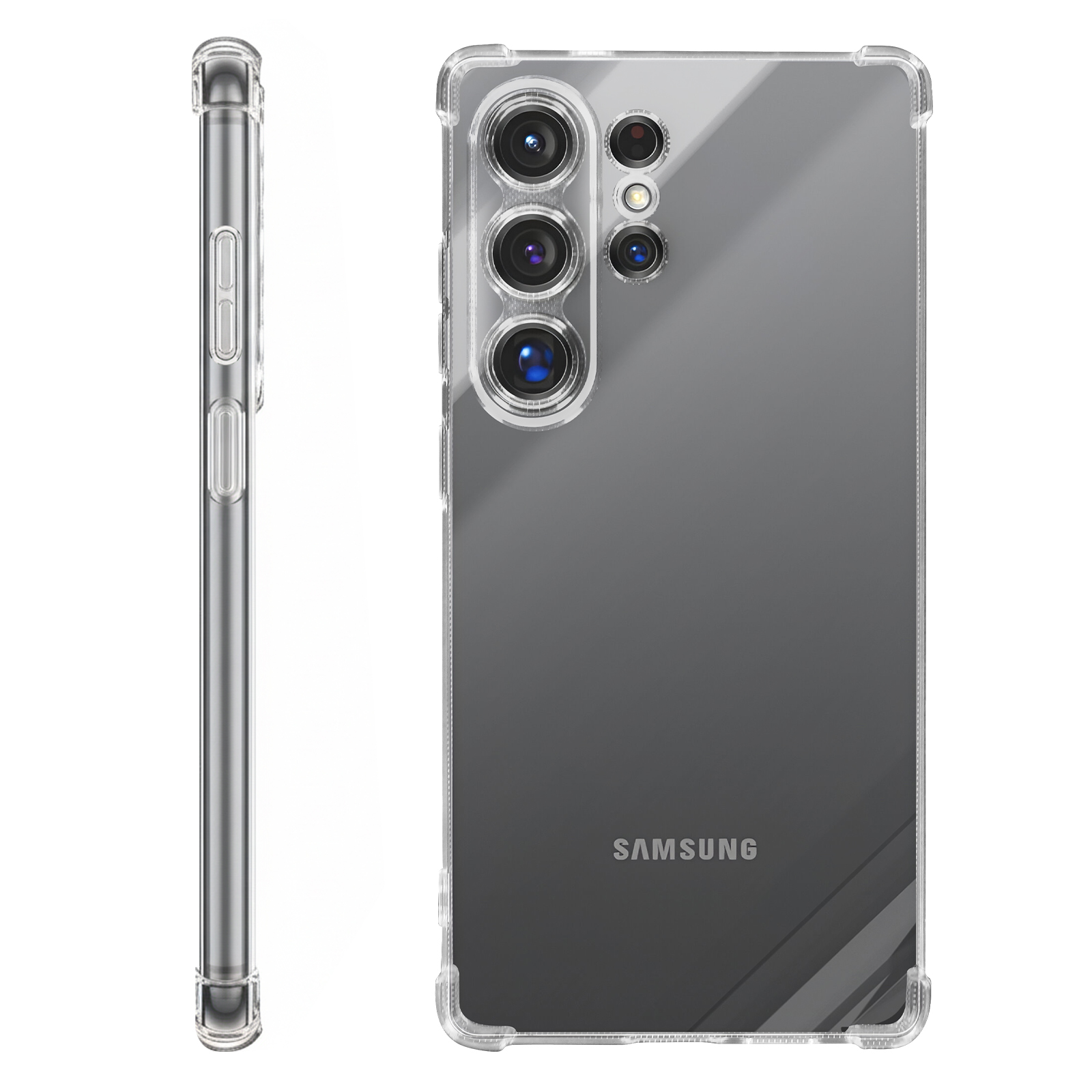Una cover trasparente per telefono con tre fotocamere e logo Samsung.