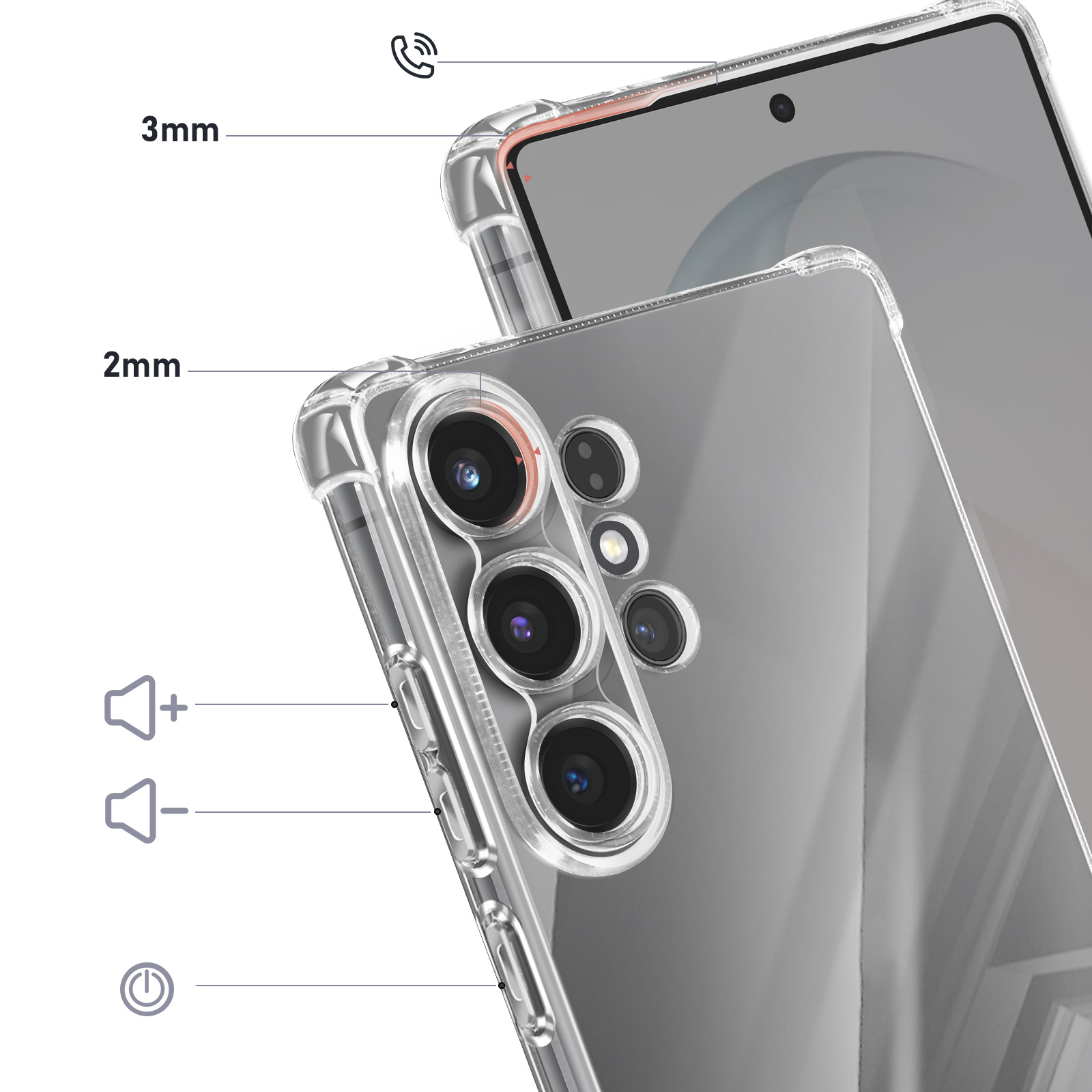 Custodia trasparente per telefono con fotocamera, pulsanti e dimensioni.