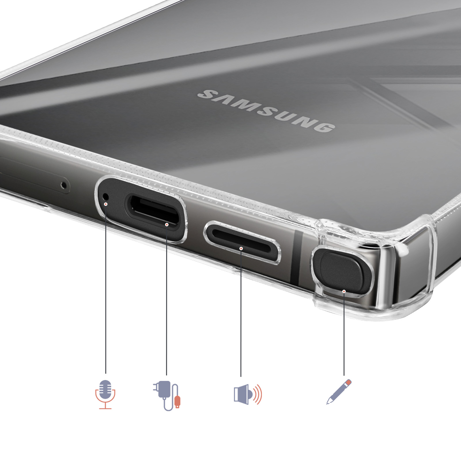 Custodia trasparente per telefono con porte: microfono, caricabatterie, altoparlante e stilo.