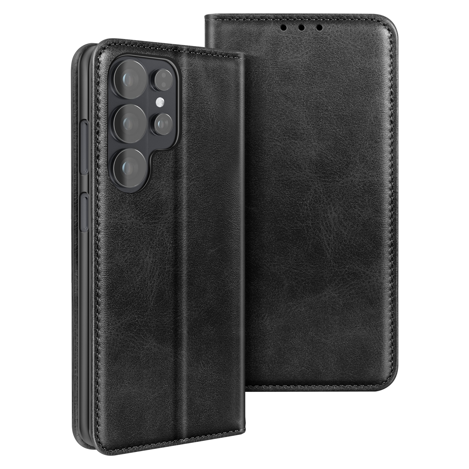 Custodia a libro in pelle nera per smartphone con più fotocamere.