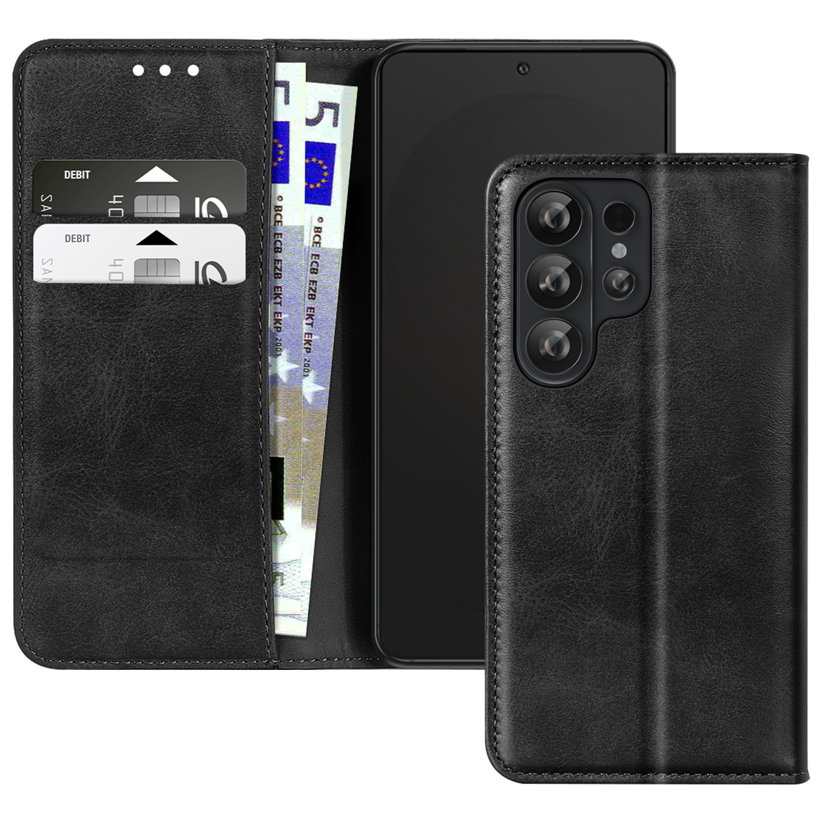 Custodia a portafoglio in pelle nera con telefono, carte e banconote.