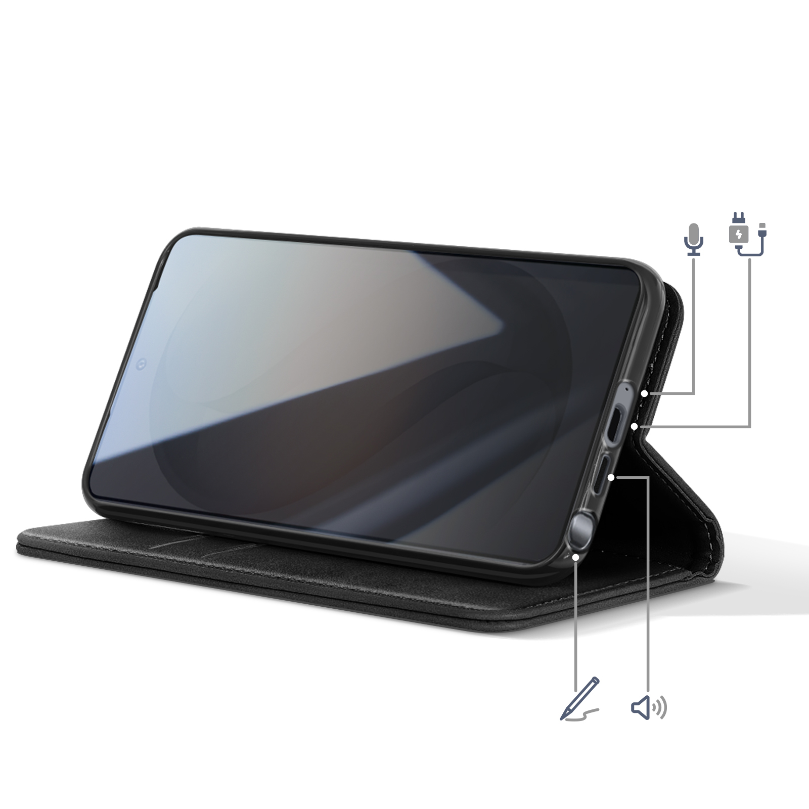 Smartphone nero in custodia aperta, con icone microfono, caricabatterie, penna e altoparlante.