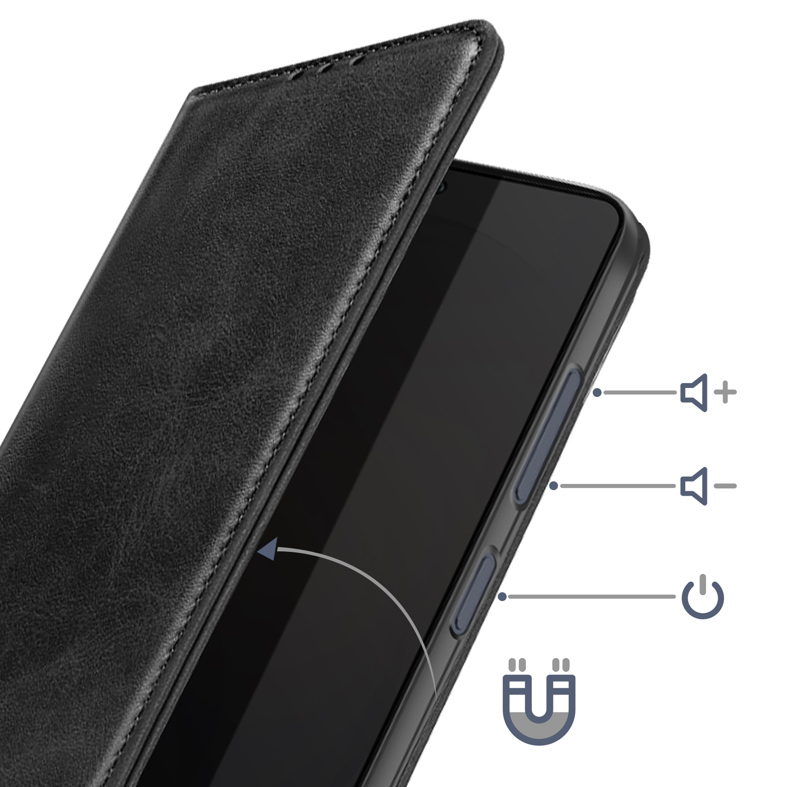 Telefono nero con custodia aperta, icone volume e accensione mostrate.