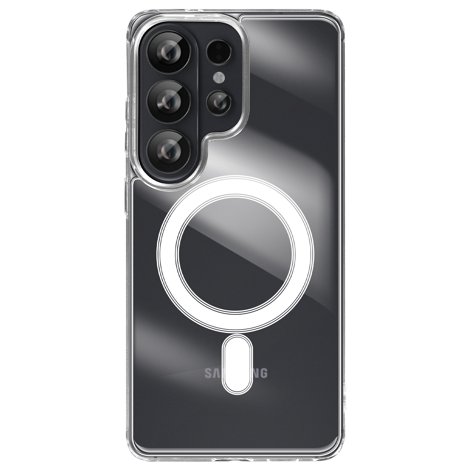 Custodia trasparente con array fotocamera e anello MagSafe su sfondo scuro.