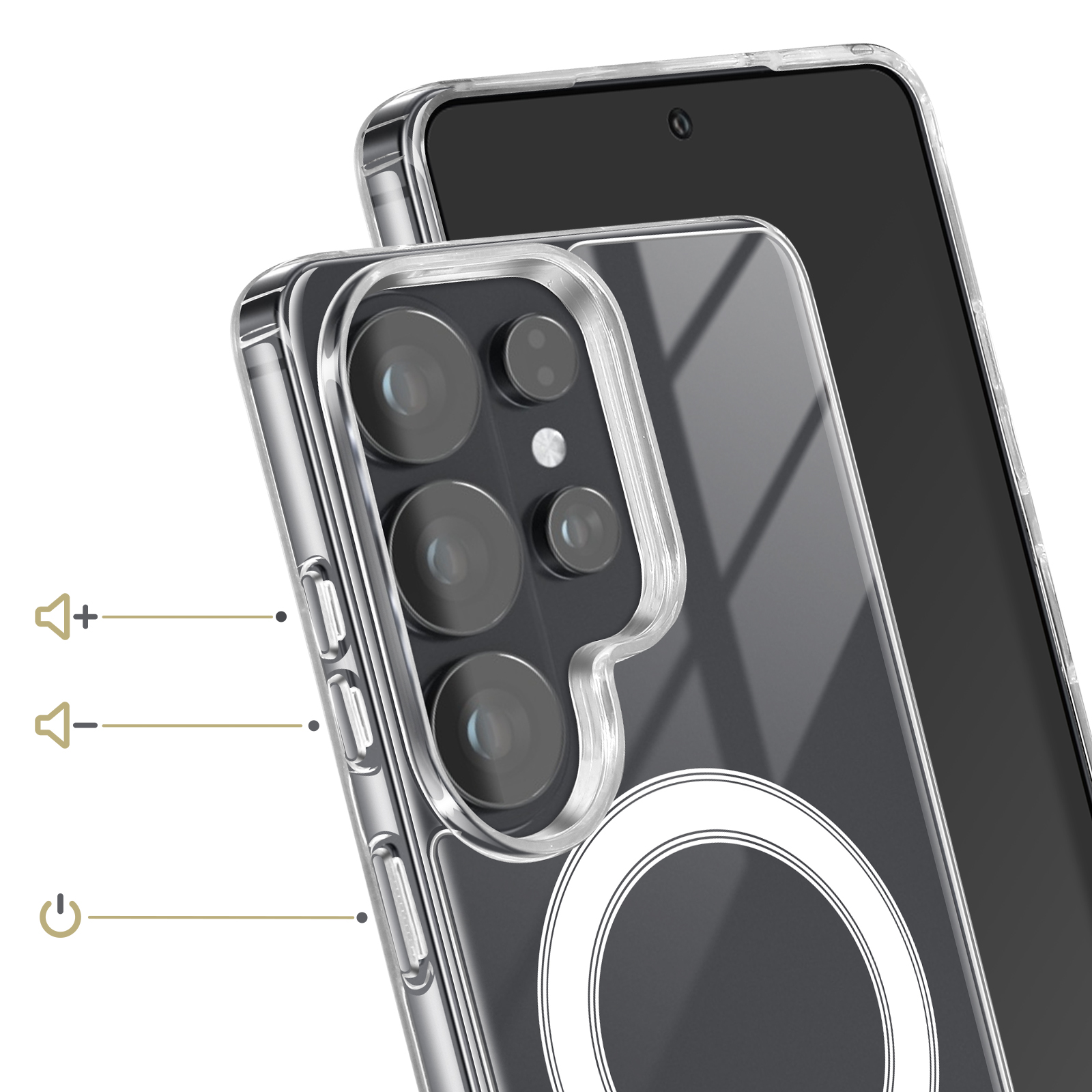Custodia trasparente per telefono con obiettivo quad e anello magnetico.