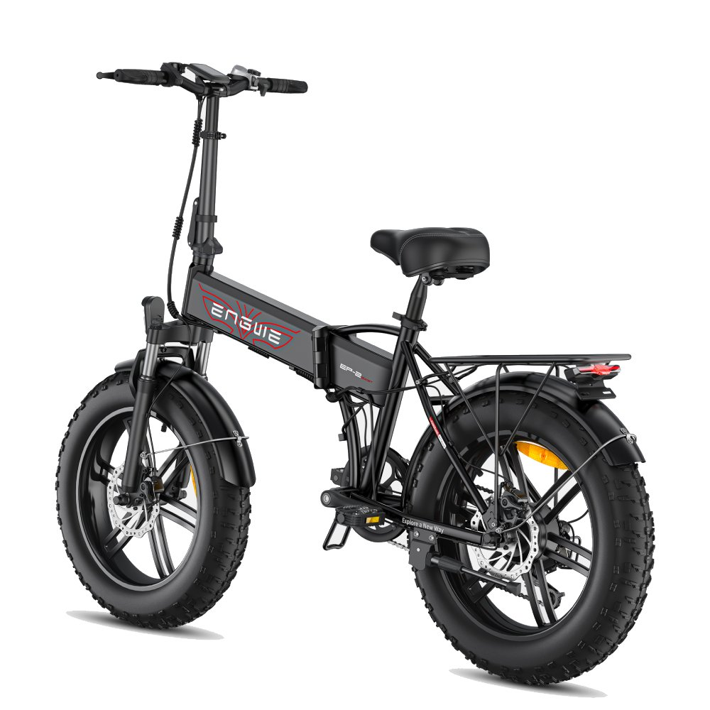 Bicicleta eléctrica plegable negra de llantas anchas con portaequipajes trasero.
