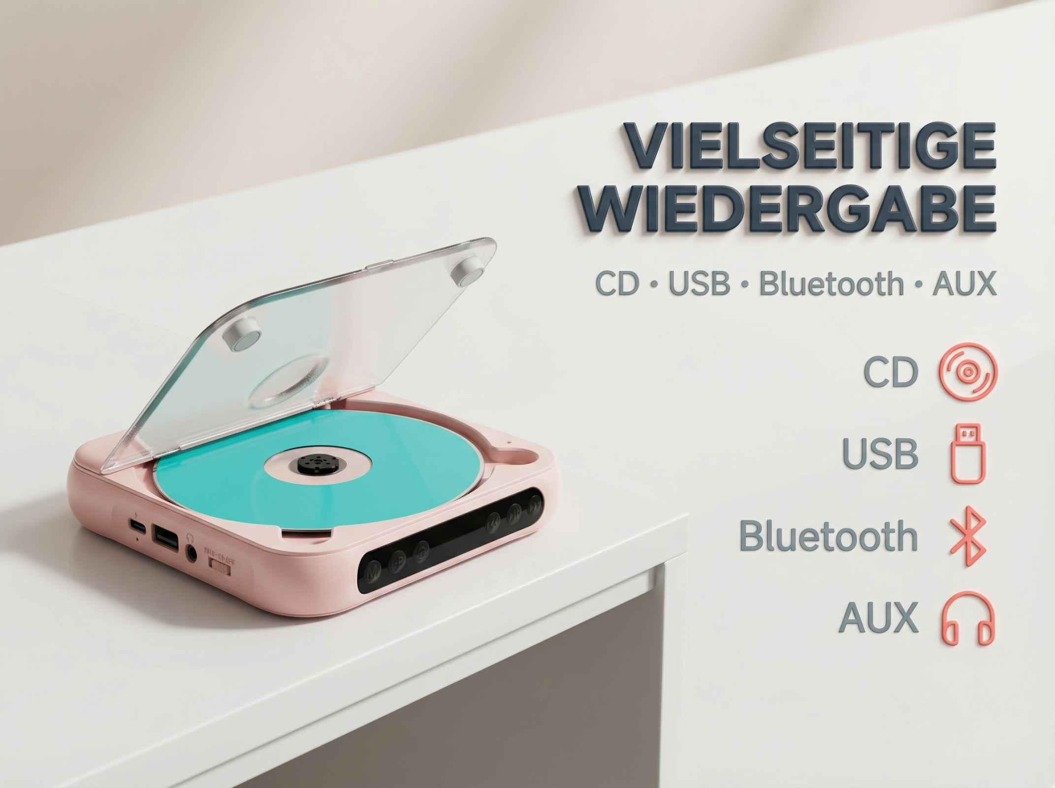 Ein rosafarbener tragbarer CD-Player mit geöffnetem Deckel und einer türkisfarbenen CD.