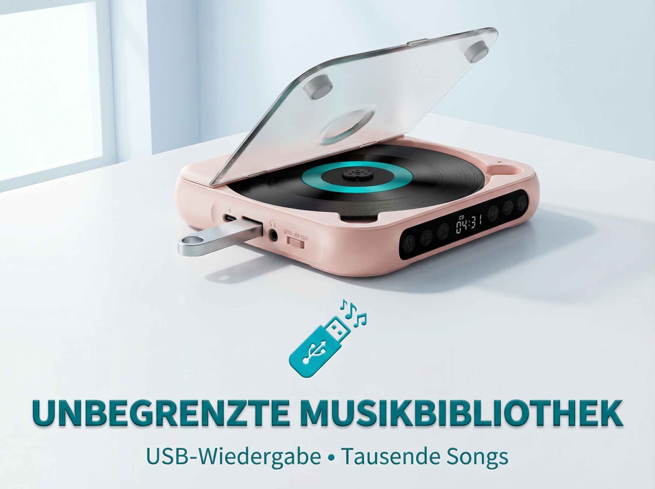 Ein rosafarbener CD-Player mit aufgeschlagenem Deckel und eingelegter CD. Eine USB-Sticks ist eingesteckt.