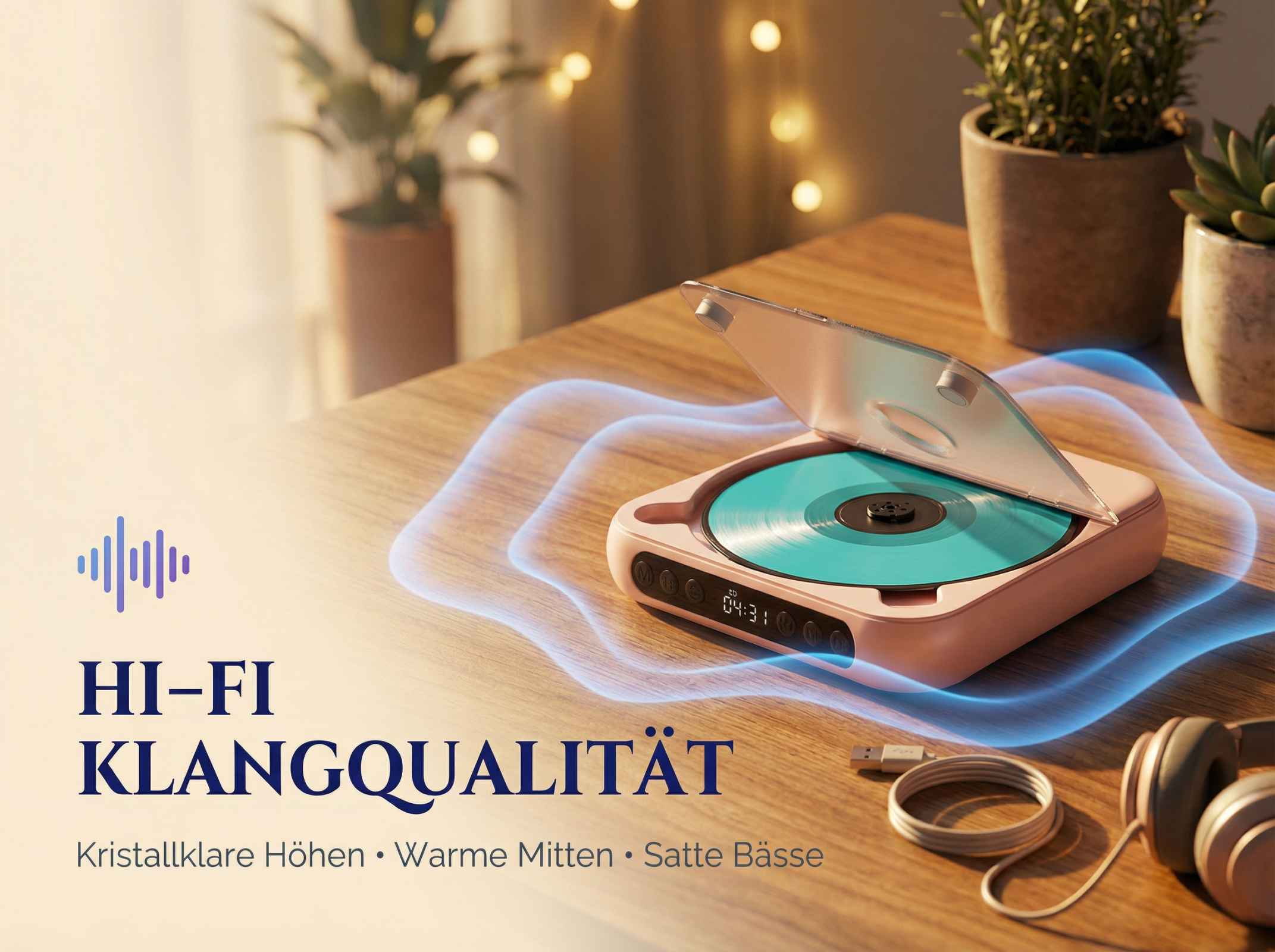 Pinker CD-Player mit blauer Schallwelle auf Holztisch, Kopfhörer und Pflanzen.