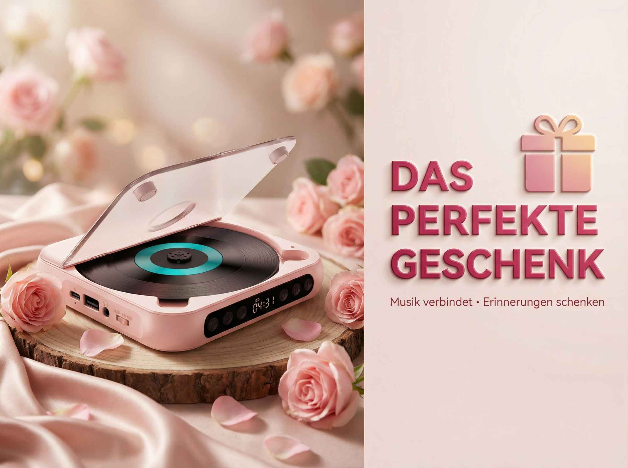 Ein rosafarbener Plattenspieler mit Schallplatte, Rosen und Text.
