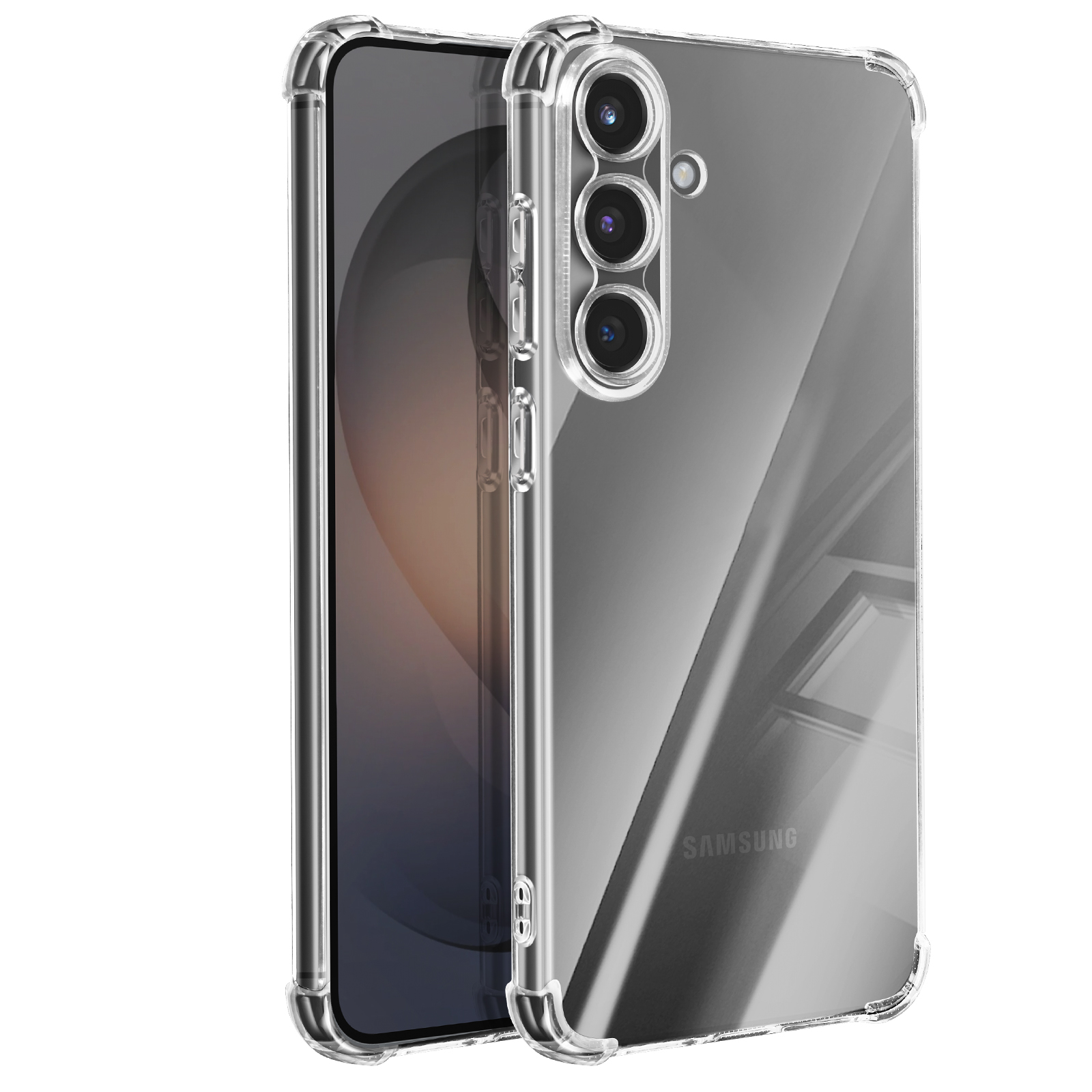 Una custodia protettiva trasparente per uno smartphone con tre fotocamere.