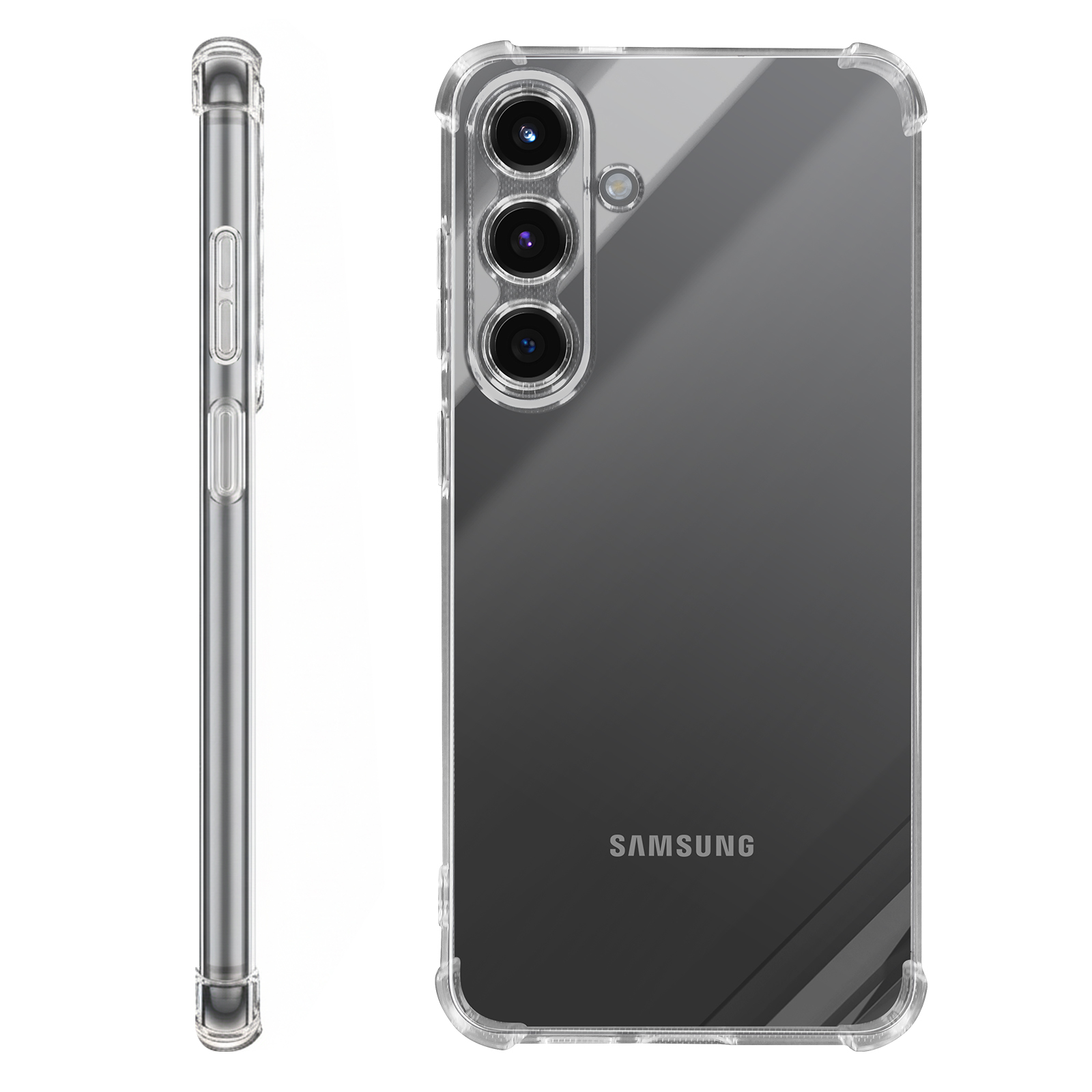 Custodia trasparente con tripla fotocamera posteriore e logo Samsung.