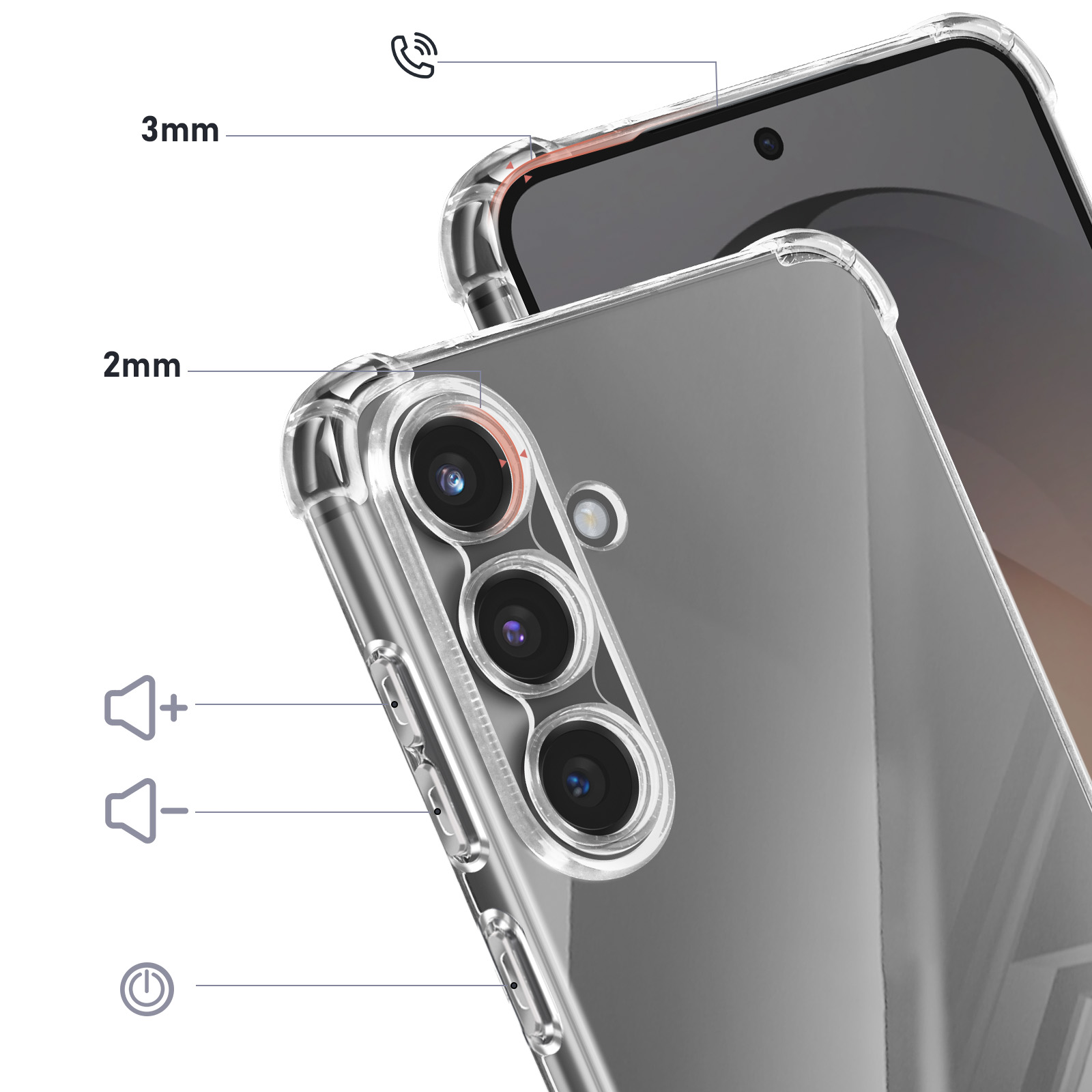 Custodia trasparente per telefono che evidenzia i dettagli di fotocamera e pulsanti.