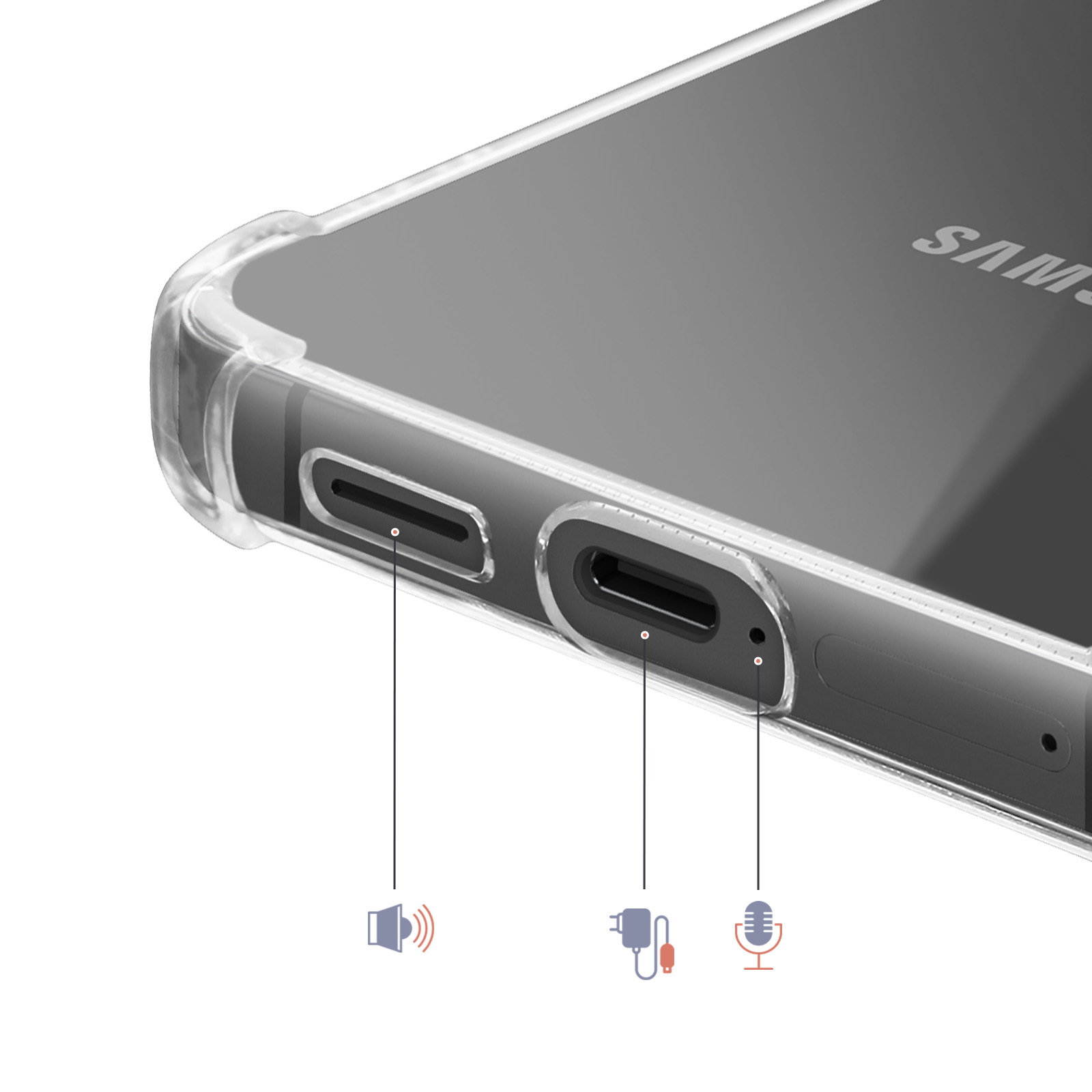 Primo piano di cover trasparente per telefono con porte e icone per audio, ricarica e microfono.