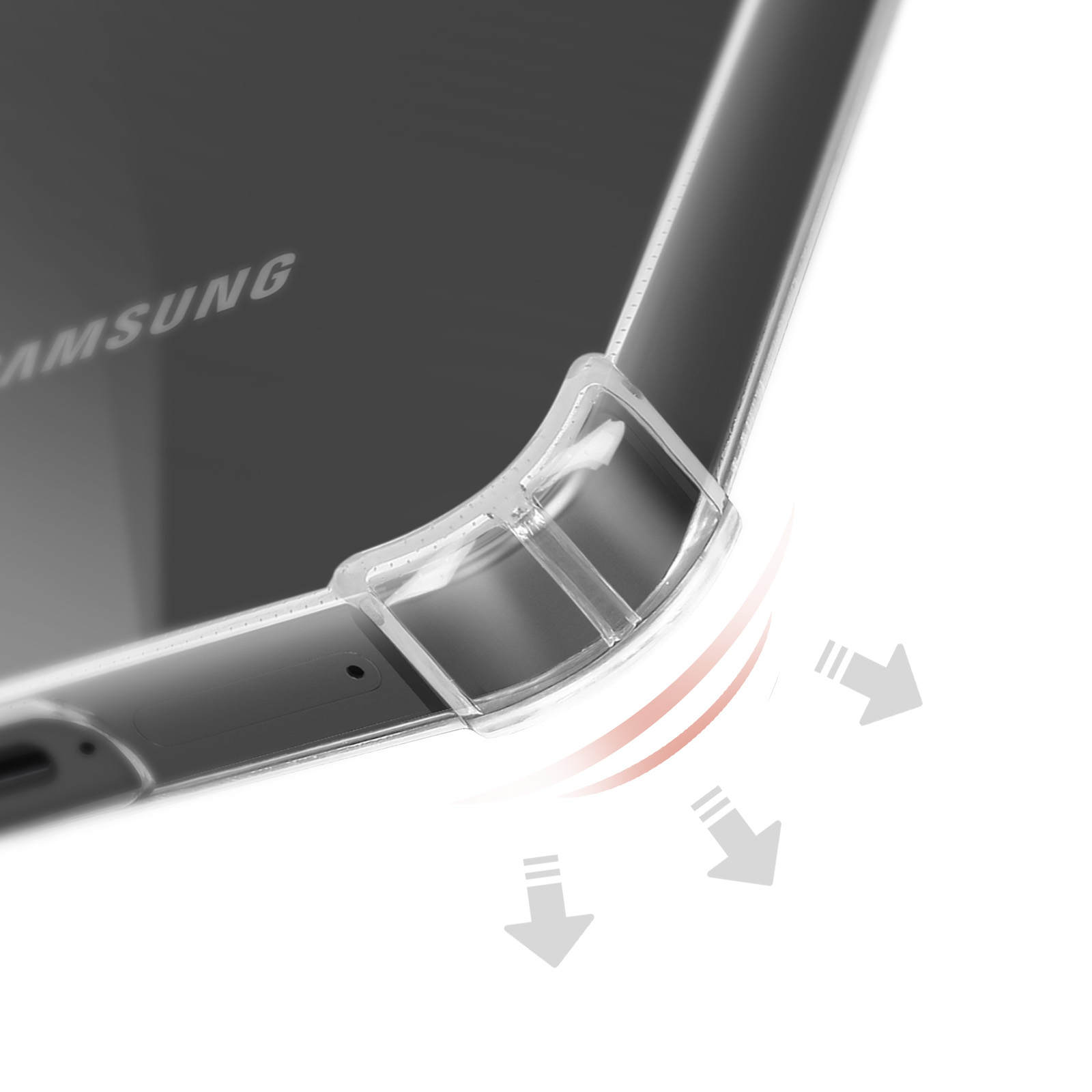 Custodia trasparente per telefono con logo SAMSUNG e frecce protettive.