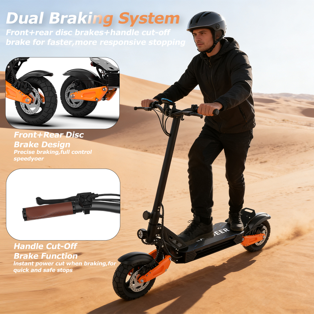 Mężczyzna jedzie na hulajnodze elektrycznej na pustyni, pokazując hamulce tarczowe.