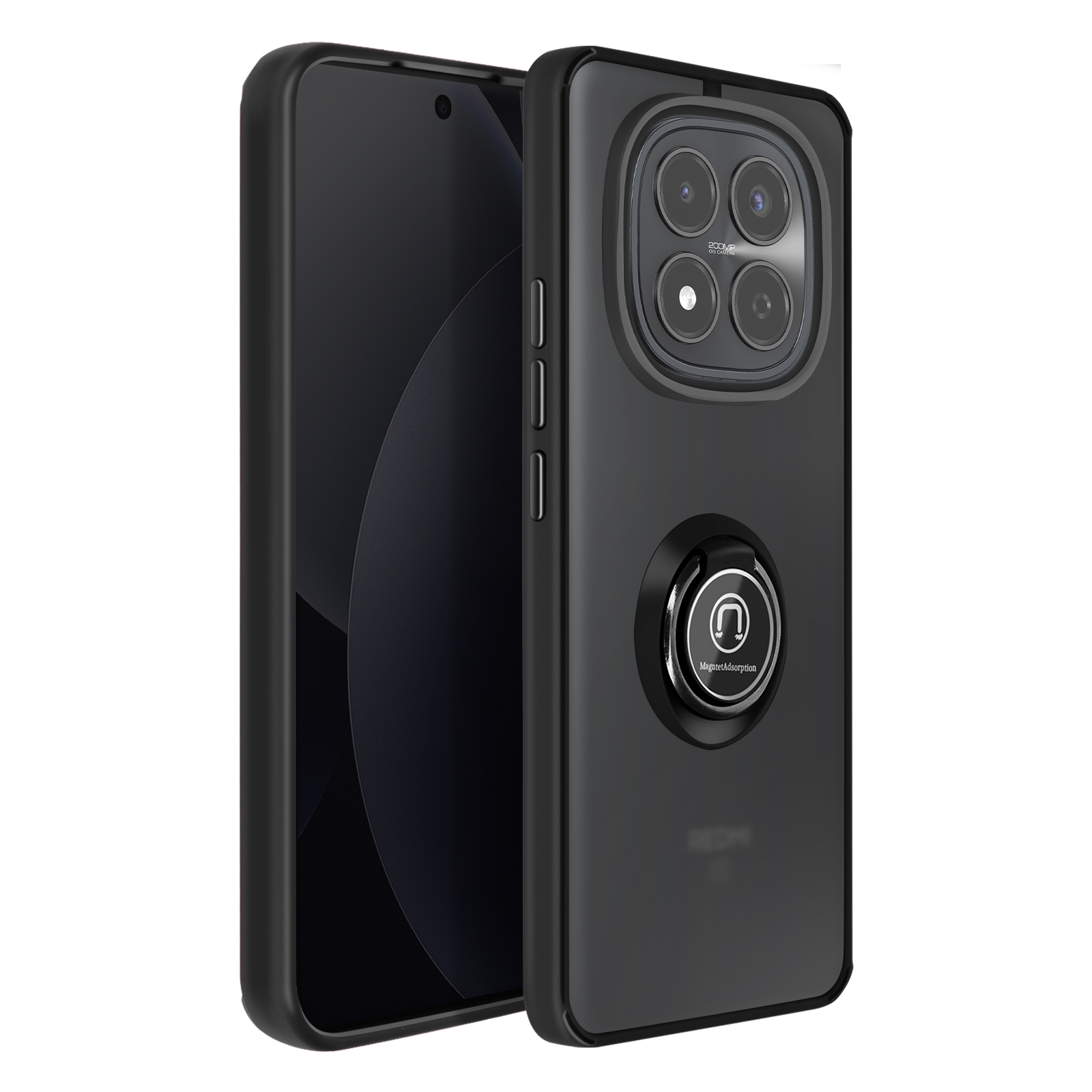 Smartphone noir avec support anneau et configuration quadruple caméra.
