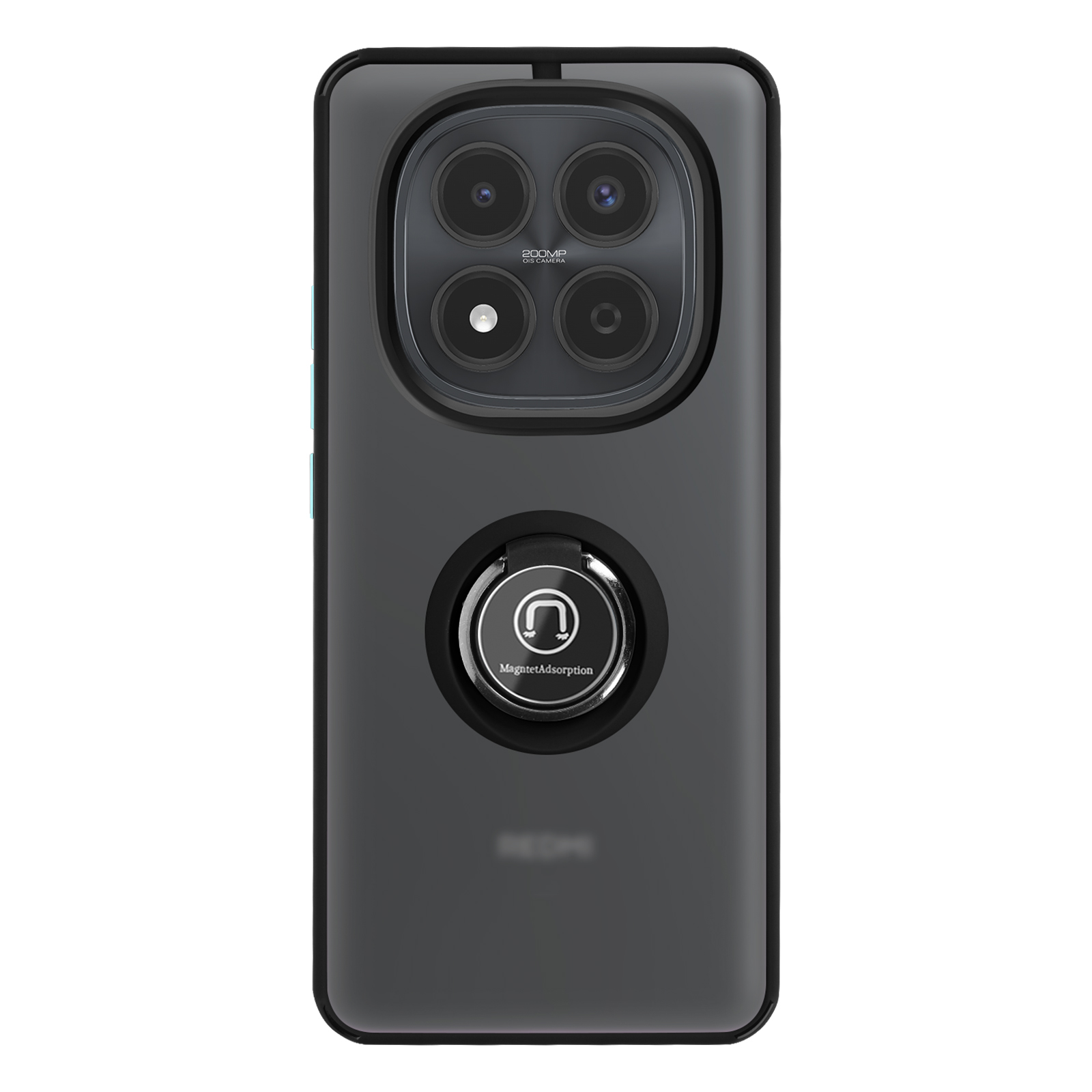 Smartphone gris foncé avec quatre caméras, support anneau et logo au dos.
