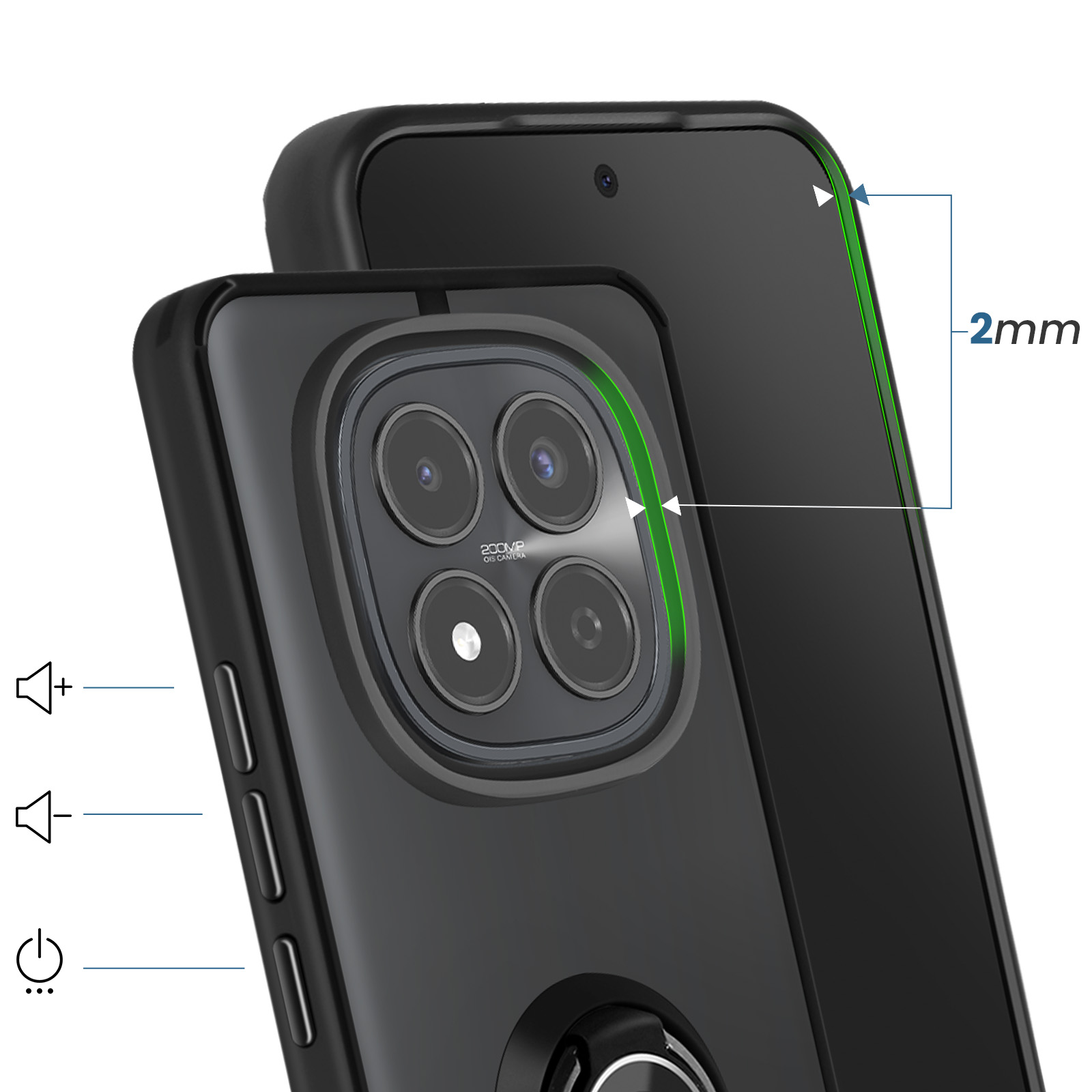 Coque de téléphone noire avec quad caméra et label '200MP'.