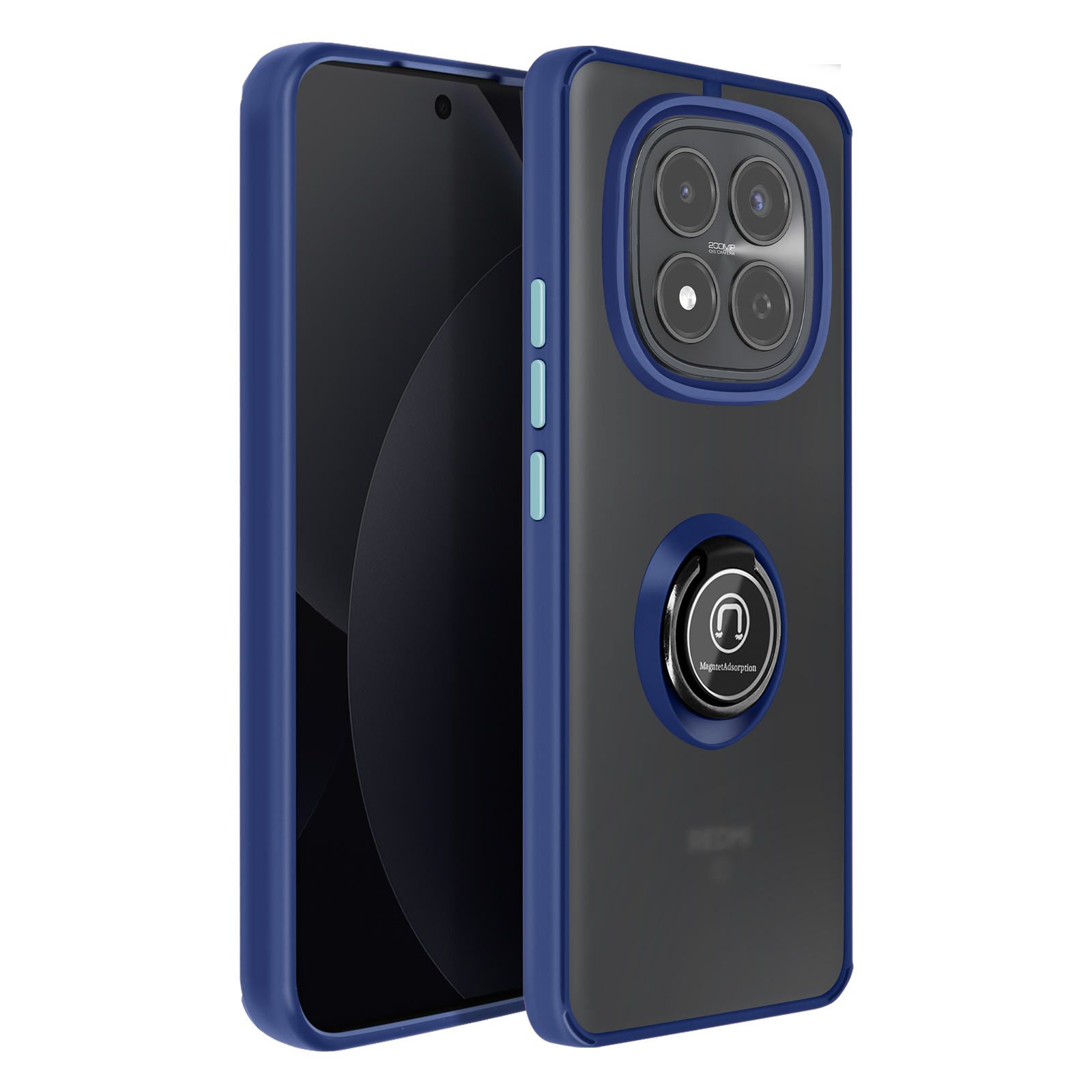 Uno smartphone con bordo blu, retro nero opaco e supporto ad anello.